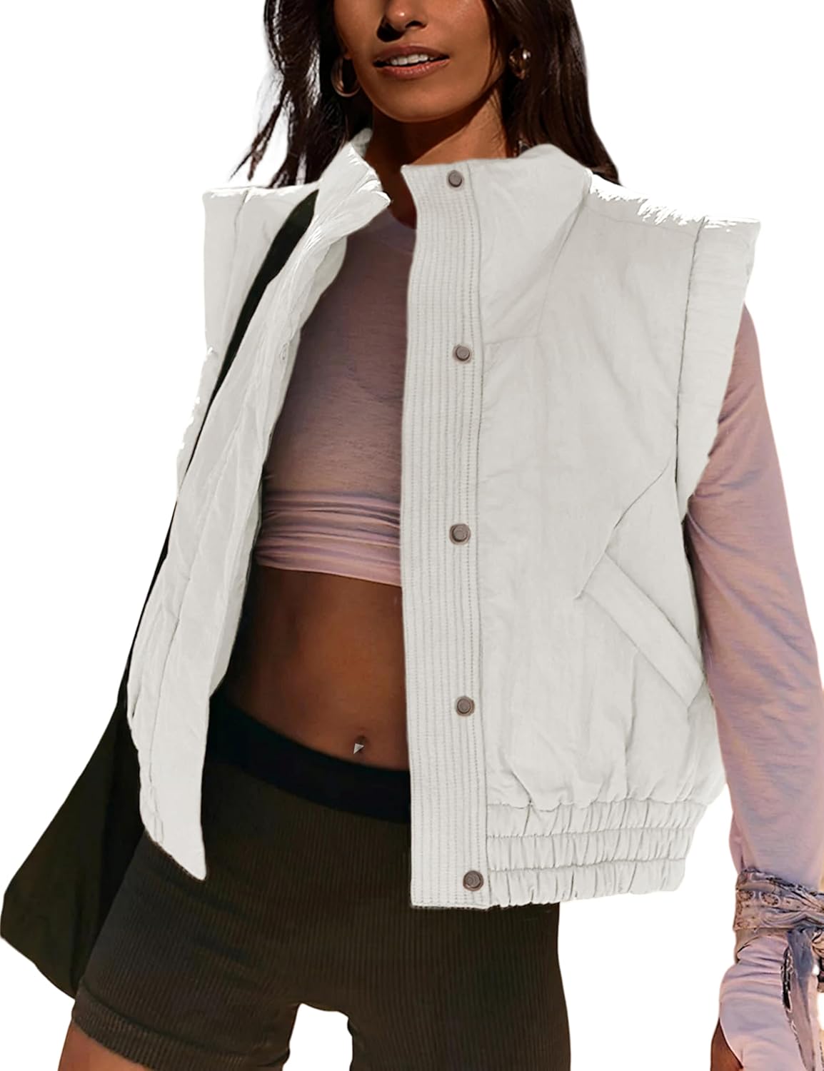 Lviefent Womens Puffer Vest Cropped Lightweight Button Down Quilted Vest Sleeveless Padded Gilet Coat with Pockets