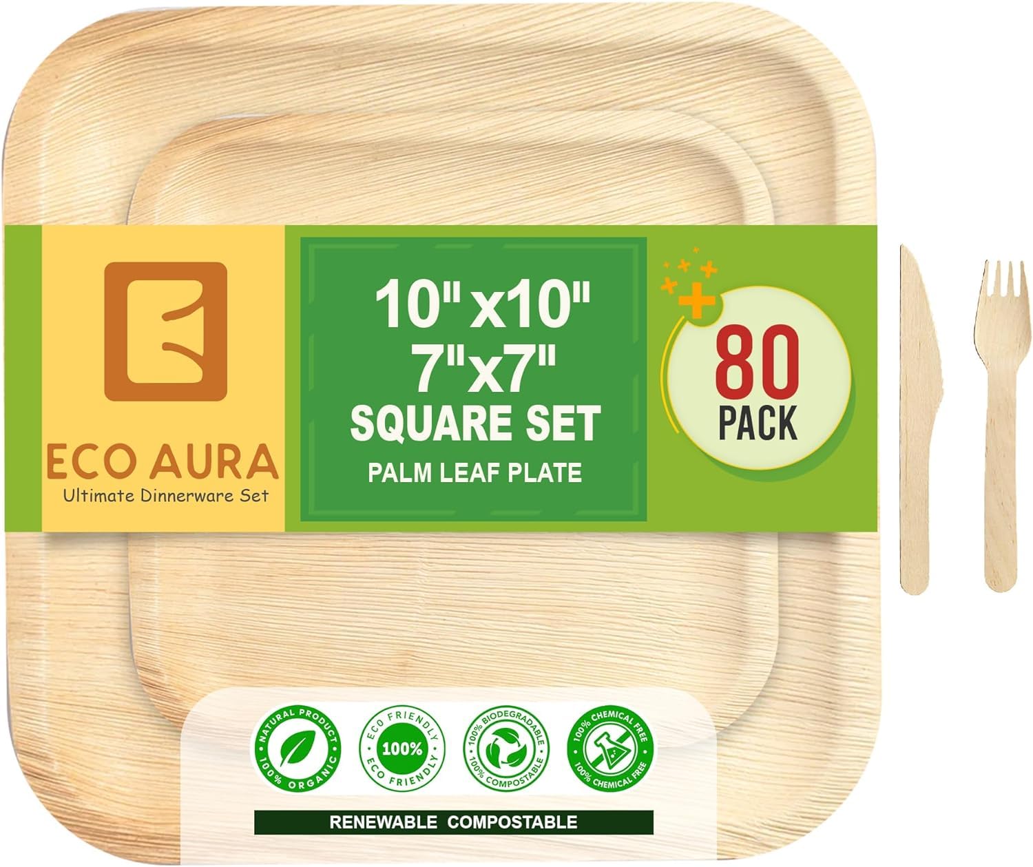 Photo 1 of ECO AURA Square Compostable Natural Palm Leaf Plates + Fork & Knife - Biodegradable, Disposable, Like Bamboo Plates - Eco Friendly Plates, Perfect for Parties Weddings & Events - 80 Pcs, 10 & 7 Inches 80 10 & 7 Inches Square + Fork + Knife