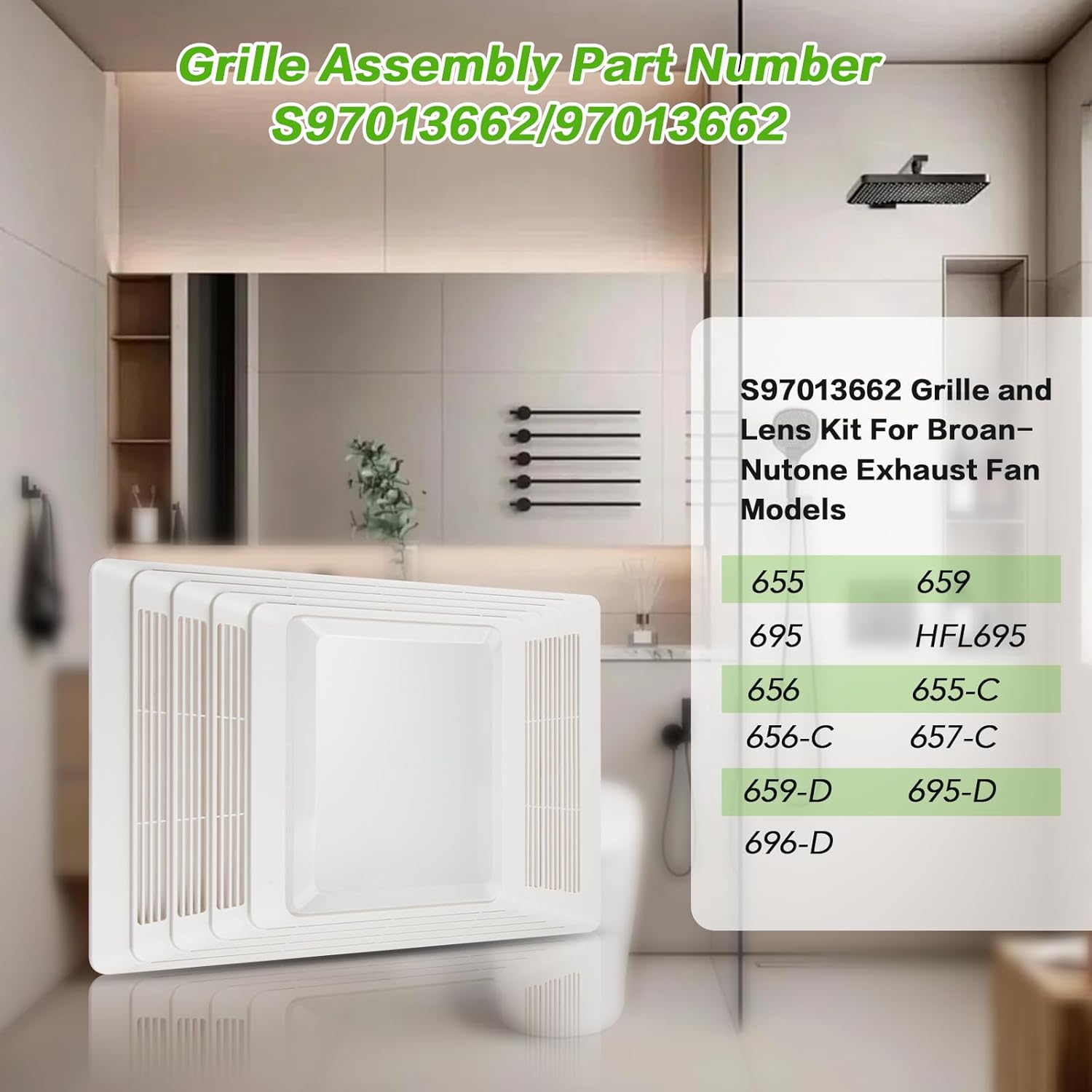S97013662 Nutone Bathroom Fan Cover Grille and Lens Assembly Kit Compatible with Broan Nutone Exhaust Fan Cover 655, 656, 657, 659, 695, HFL695, 696 Bathroom Vent Cover Replacement Part 97013662