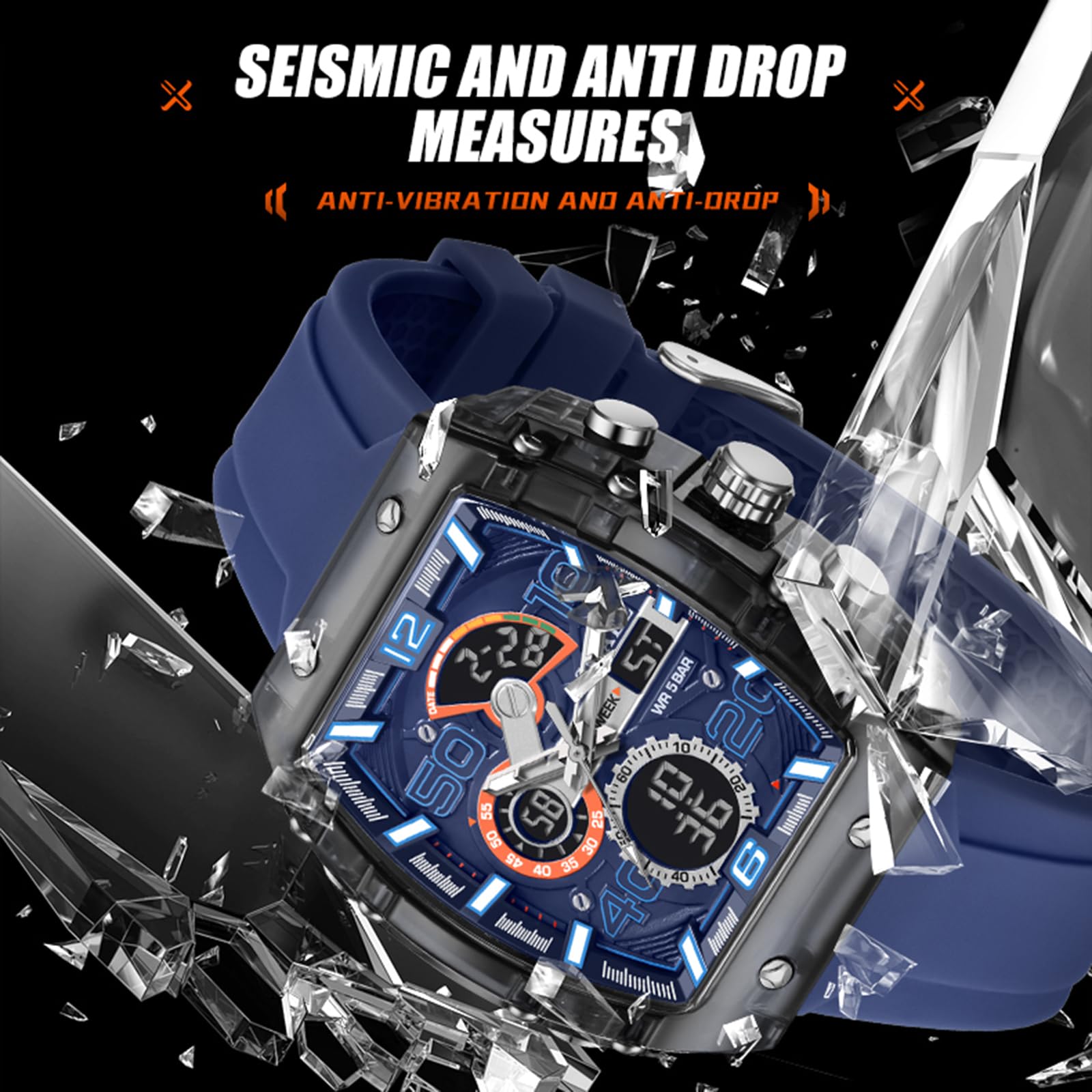 findtime Reloj digital para hombre, rectangular, deportivo, digital, analógico, cronómetro, militar, para niños, para exteriores, 5 ATM, resistente al agua, deportiva