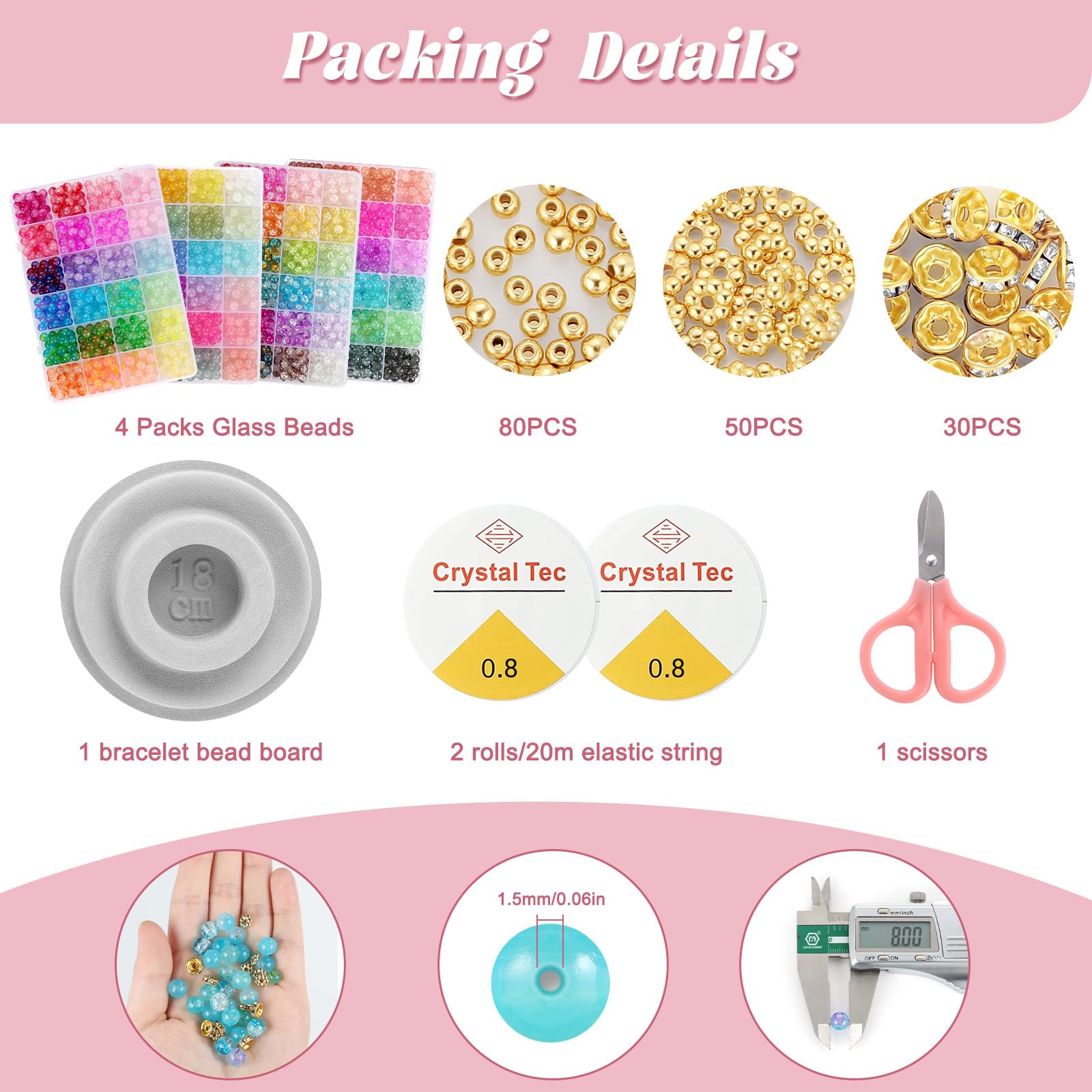 Perline di vetro da 8 mm per la creazione di gioielli, 4 tipi di 96 colori, kit per la creazione di braccialetti e perline di vetro, 2276 pezzi, perline di cristallo rotonde per bracciali, collane