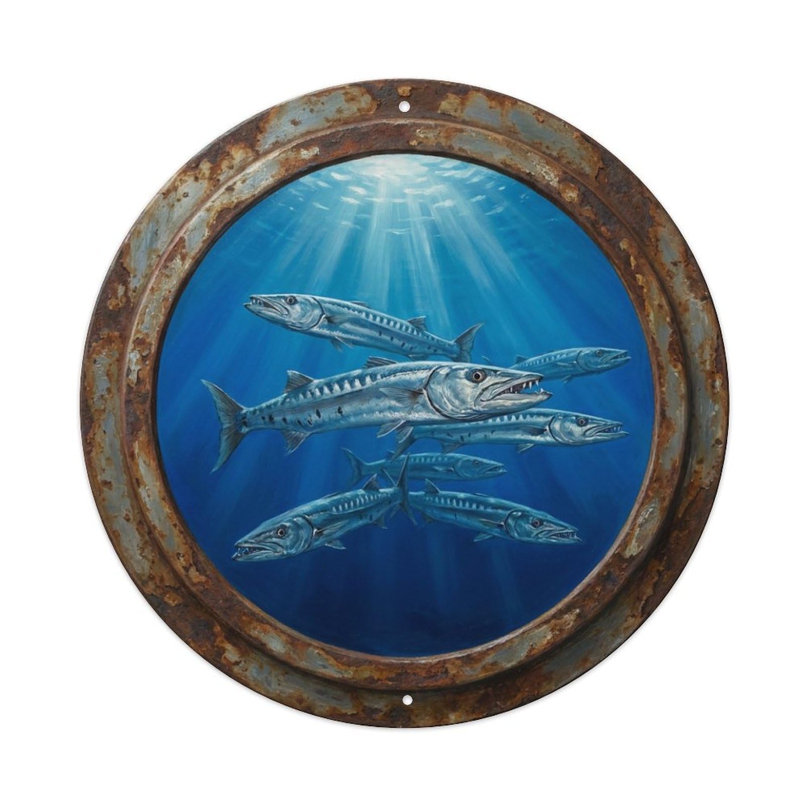 Vintage Porthole Barracuda School Ship Window Undersea Deep Metal Tin Sign