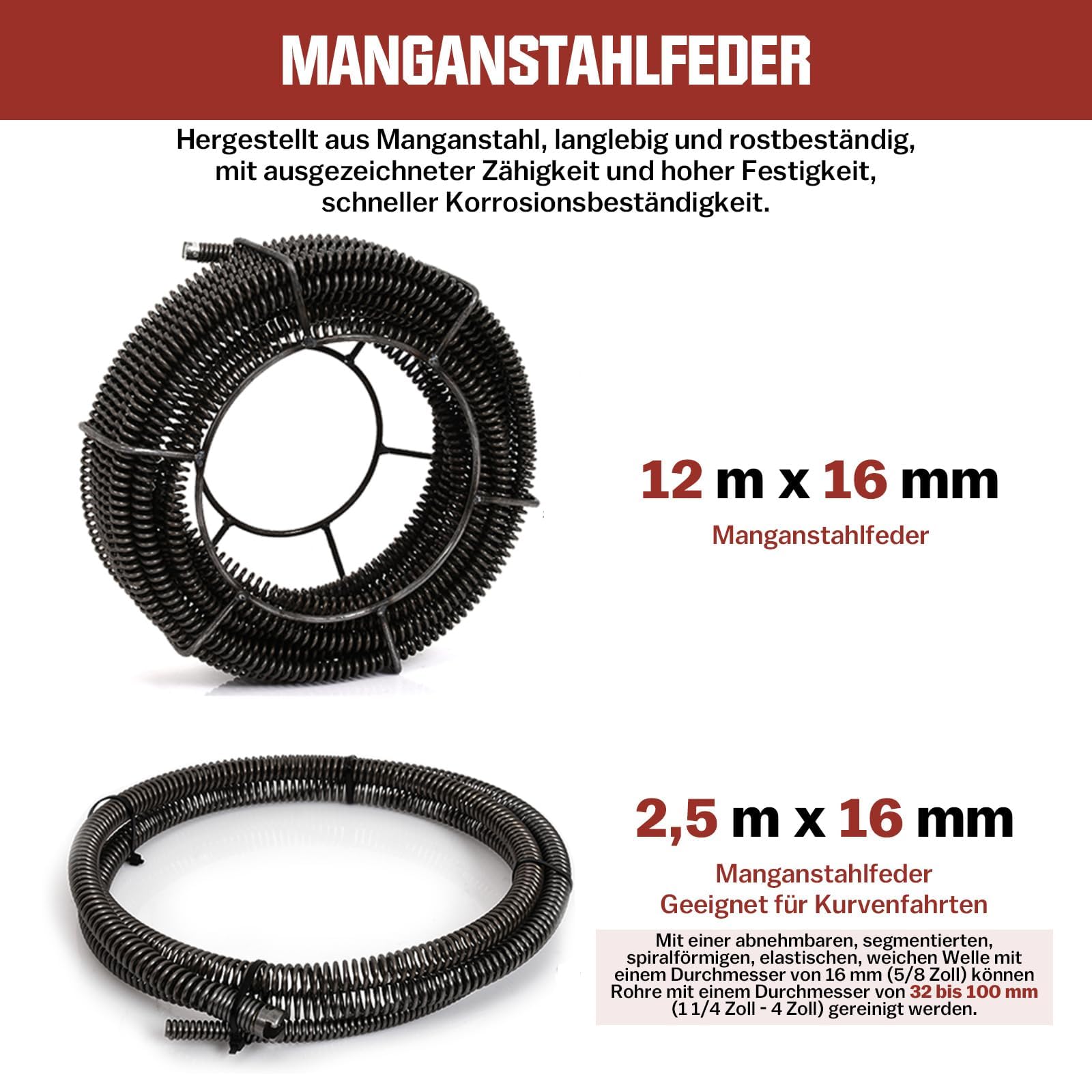 16mm 14,5M Spirale, 390W Elektrisch Rohrreinigungsmaschine für Ø20-100mm Rohrleitungen, Rohrreinigungsgerät 450U/min, Rohrreinigungsspirale Ø8mm 10M, Rohrreiniger Abflussreiniger Reinigung Drain Clean