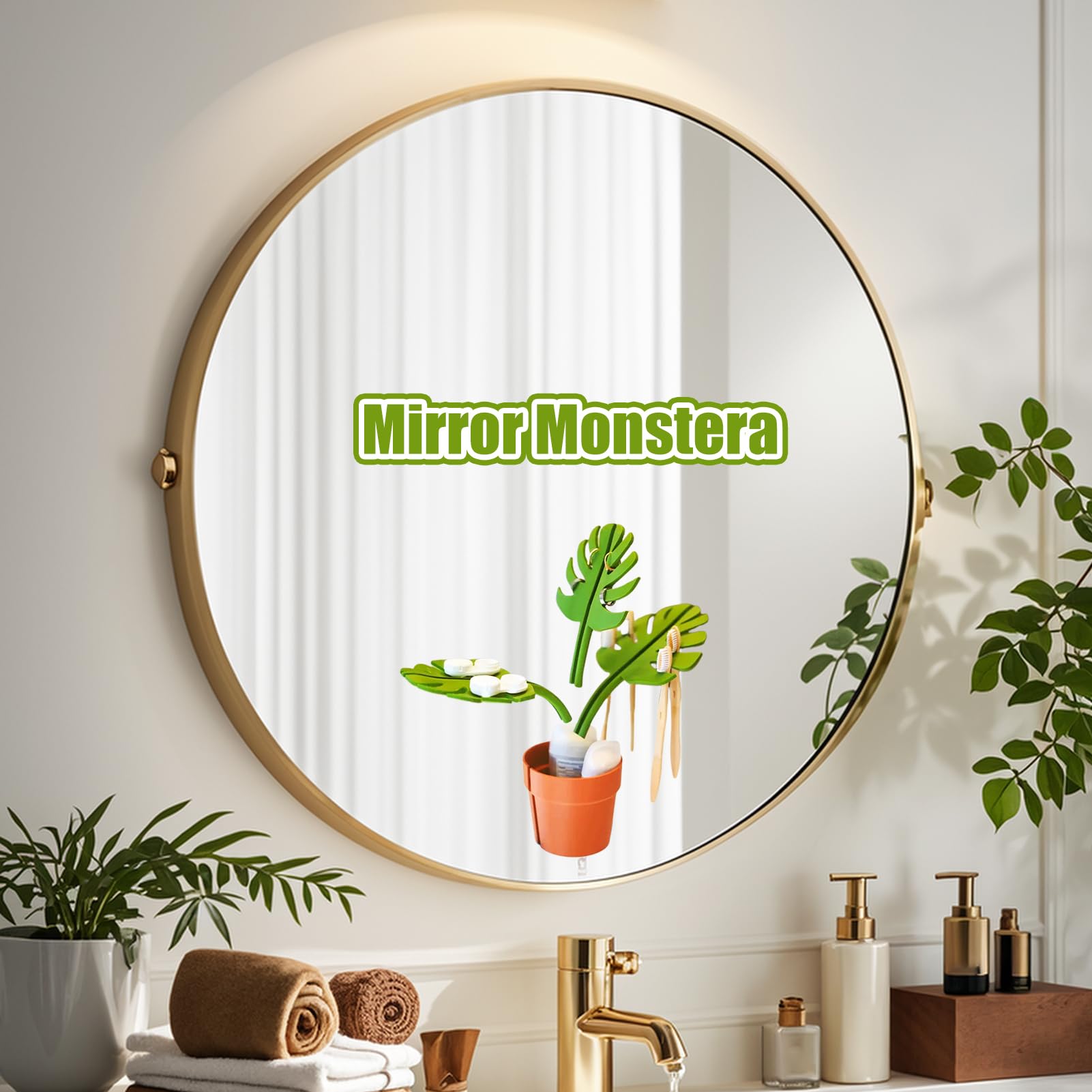 Mirror Monstera, lustrzany uchwyt past? do z?bów, organizer ?azienkowy, bez zegara ?ladowego, montowany ?cianie, samoprzylepny uchwyt szczoteczki do z?bów, mo? zamontowa? lustrze