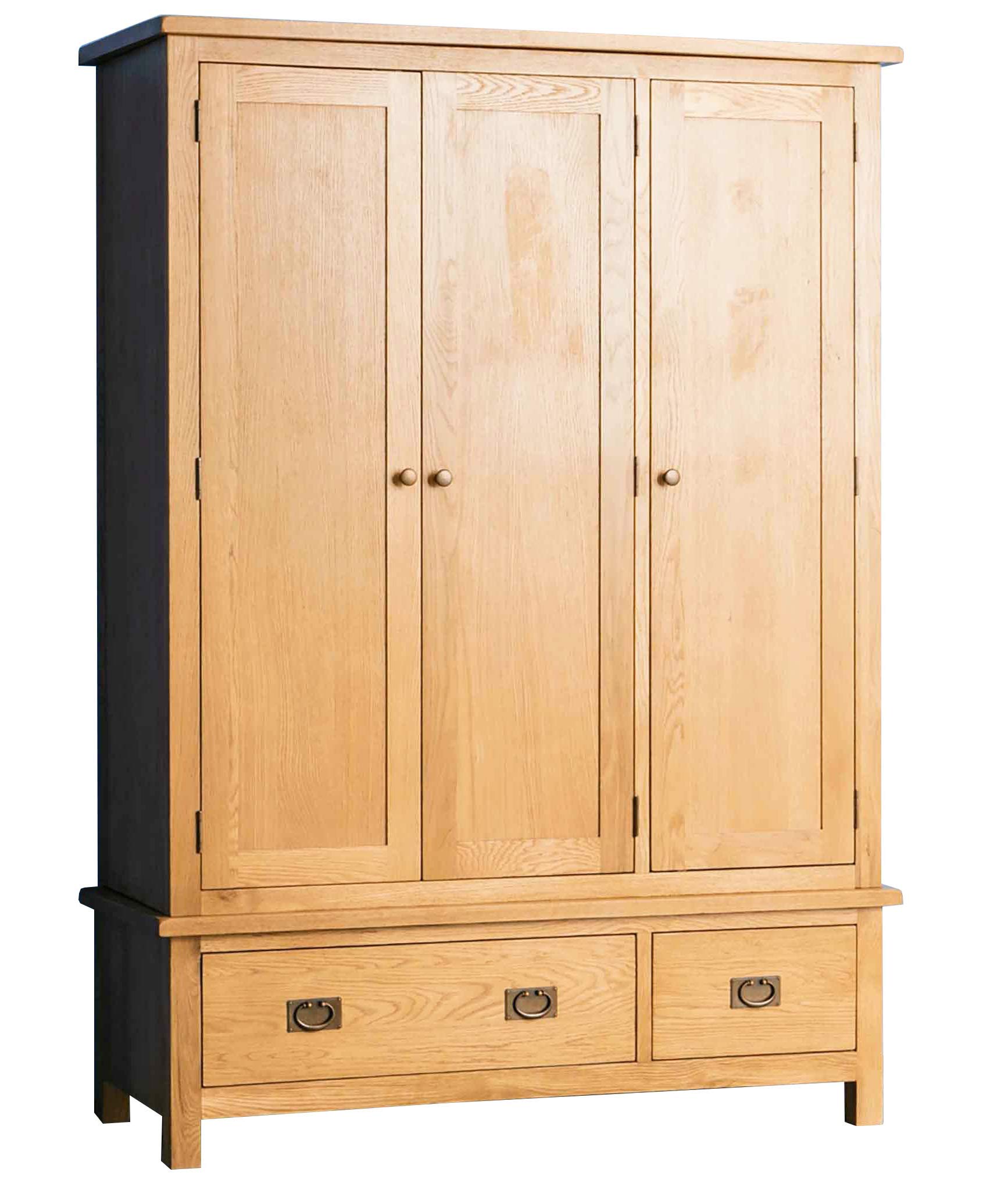 RoselandFurniture Surrey Oak Large Triple Wardrobe with Drawers | Traditional Rustic Waxed Solid Wood 3 Door Wardrobe Storage Unit for Bedroom with Hanging Rail