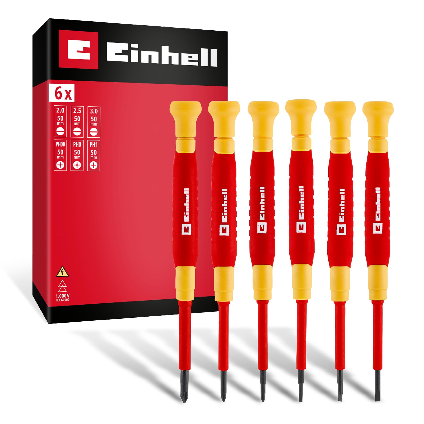 Original Einhell Coffret Tournevis Électricien Précision 6 pcs (Isolé 1000V, Capuchon Rotatif, Lames S2, Poignées Ergo, Compact, Travail Fin) | Isolé jusqu'à 1 000 V | tête rotative | lames S2 | poignées ergonomiques | format compact | pour travaux électr