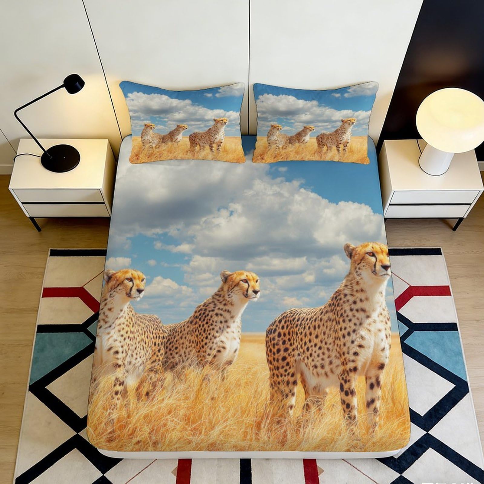 3D Printed Cheetah Savanna Fitted Sheet Microfiber Deep Pocket Non-Slip Cheetah Mattress Fitted Cover Bedroom 90x200x25cm
