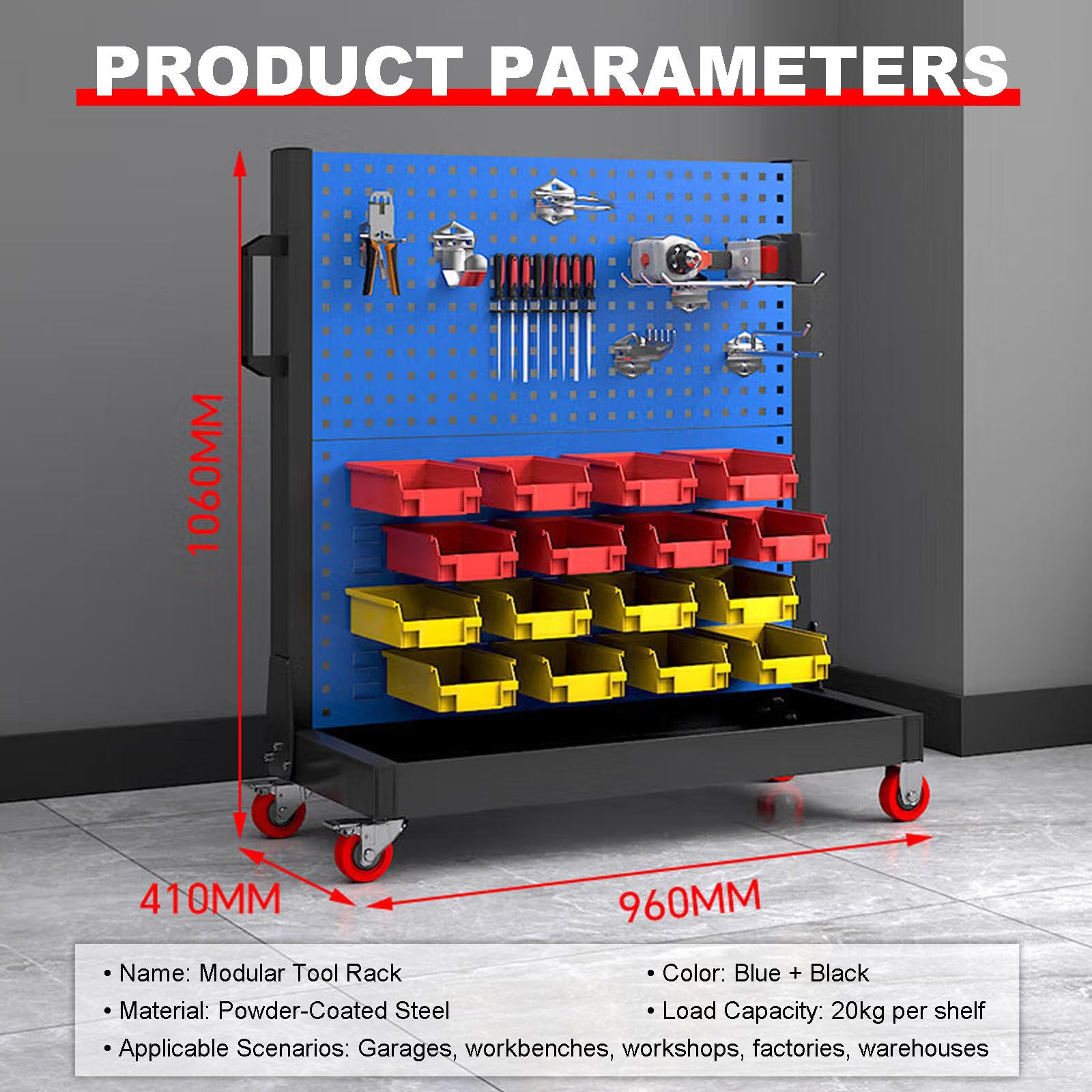 Estante Herramientas Modular, Estante de Almacenamiento para Garaje con Tablero Perforado y Ruedas con Frenos, Carro de Banco de Trabajo Móvil para Fácil Acceso en Taller de Garaje Fábrica 2Tier