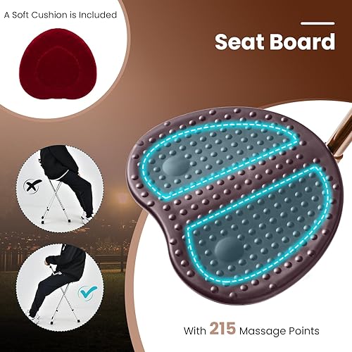 Miniatura 5 de GYMAX Combo de silla de bastón, asiento plegable de caña con luz LED, tabla de asiento de masaje y mango ergonómico, bastón antideslizante ajustable