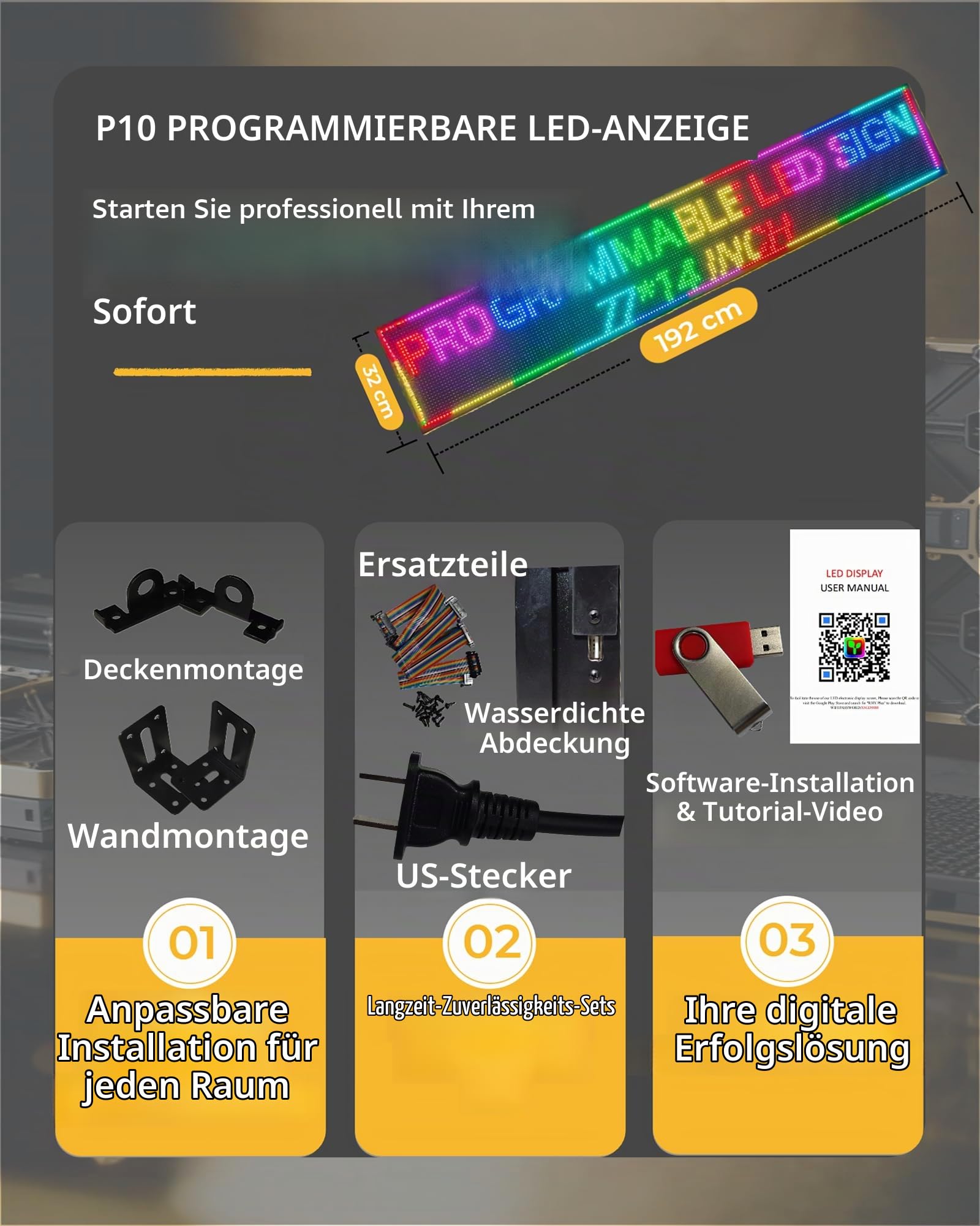 P10 LED-Großdisplay LED-Schild 192x32cm | 4000cd/m² + IP65 Allwetter | Programmierbares Leuchtschild mit SMD-Technik – Für Foodtrucks, Außenwerbung & Events WIFI/U-DISK KONTROLLE