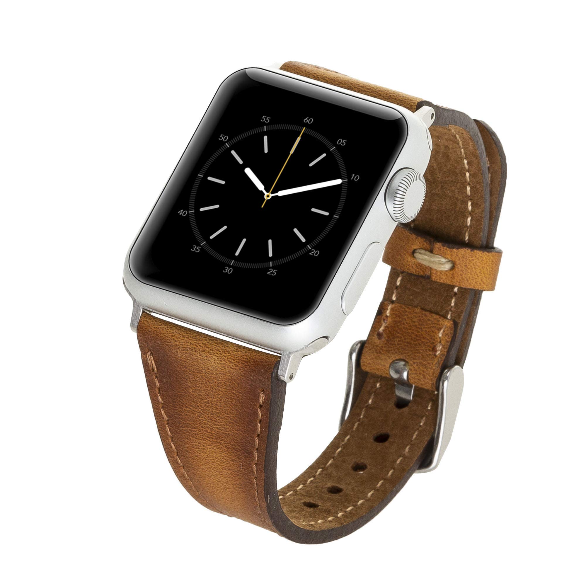 Venito Messina Leather Slim Watch Band Compatible with Apple Watch Series 9 8 7 6 5 4 3 2 1 SE 41mm 40mm 38mm (Antique Brown w/Silver Connector&Clasp)*