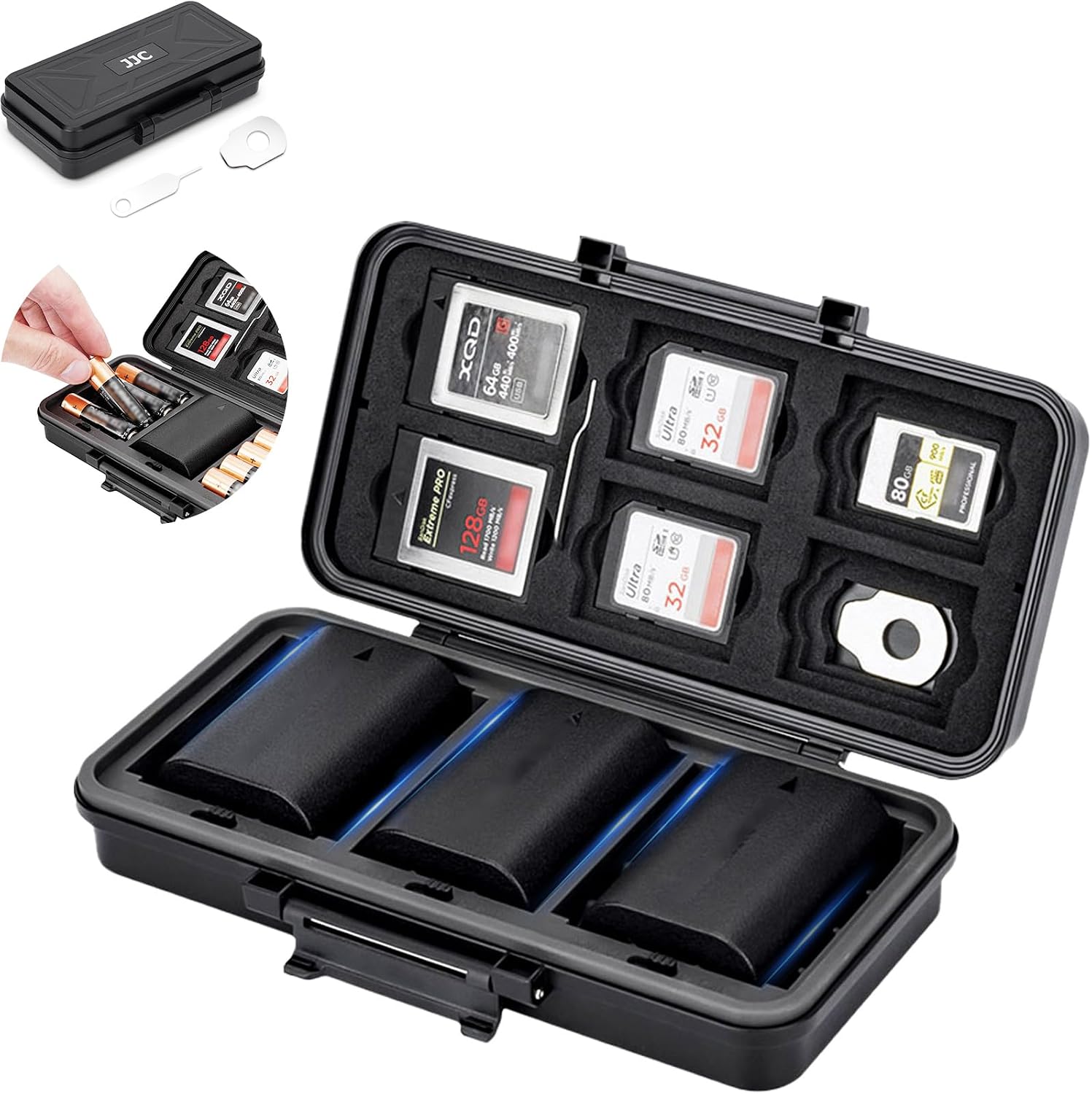 JJC Multi-Function Camera Battery Case Memory Card Holder for Canon LP-E6 Sony NP-FZ100 Nikon EN-EL15 Fuji NP-W235, Water-Resistant & Shockproof Case for SD CFexpress Type A B XQD Cards, AA Batteries