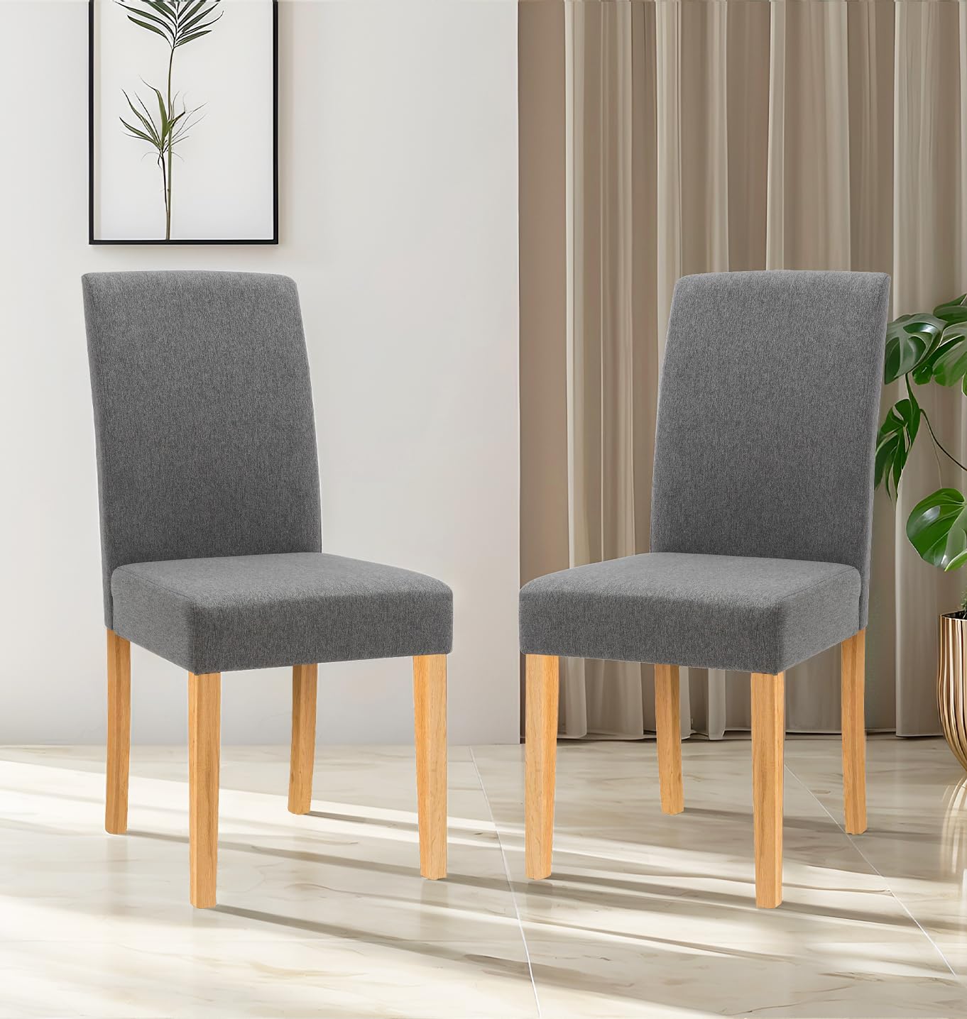 Hallowood Furniture Premium Linen Fabric Dining Chairs Set of 2 in Grey