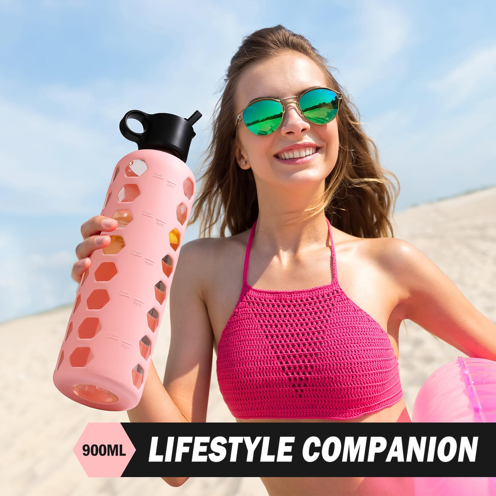 BLUEGO Borracce in vetro, 900ml Bicchiere in vetro, Bottiglie per bere con 2 coperchi, Bottiglia per l'acqua sportiva con custodia in silicone, A prova di perdite, Rosa