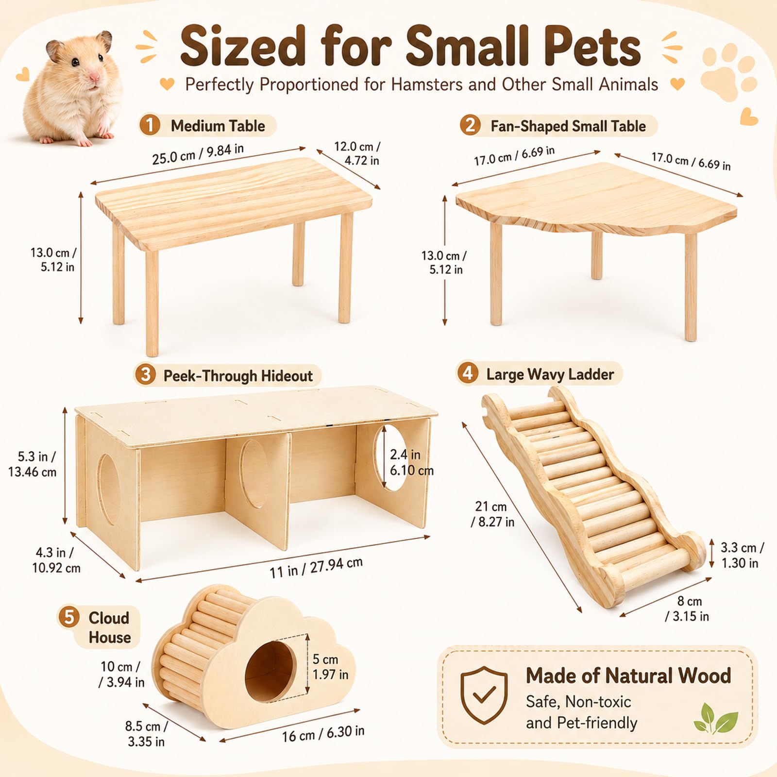 Hamster Plattform 5er Set, Hamster Spielzeug mit Plattform, Fächerplattform, Wellenleiter, Verstecktunnel & Wolkenhaus, Hamster Zubehör aus Naturholz für Meerschweinchen Chinchilla Kleintiere Käfig