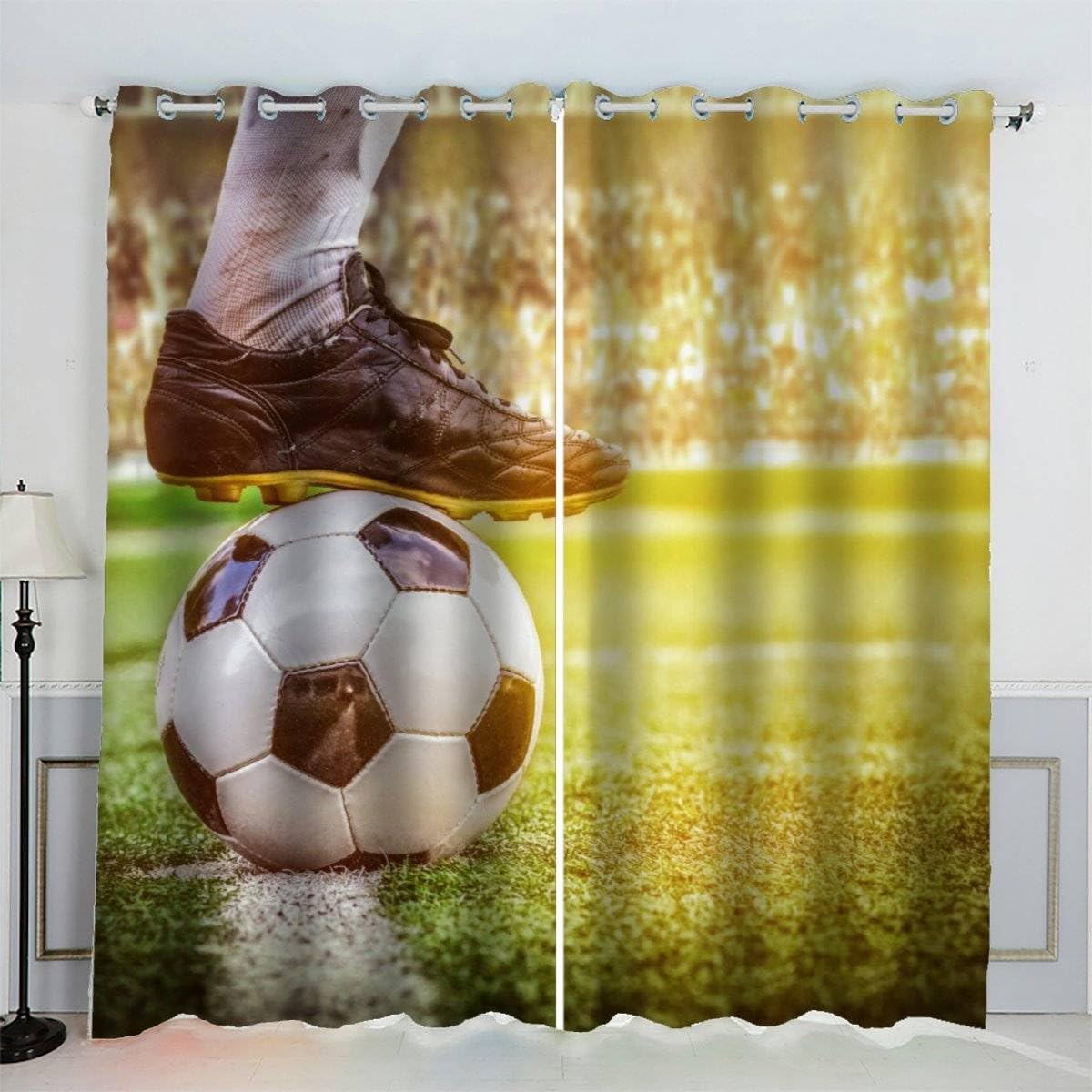 AKATIE Blackout Curtain Football Kid Insulated Drapes Football Field 3D Print Eyelet Window Curtains for Boys Girls Teens Children kids Bedroom Set of 2 Panels (W150xL166cm)