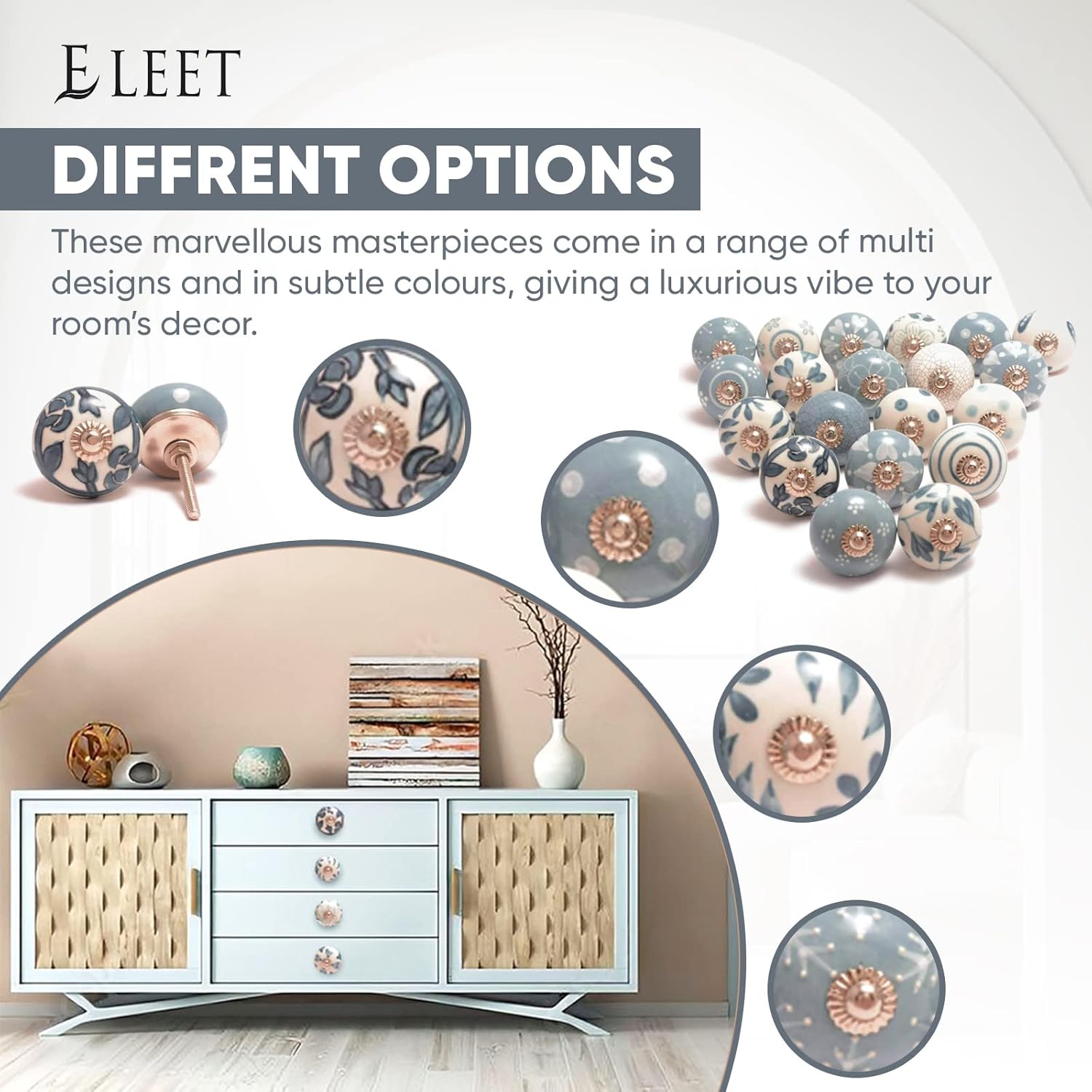 Eleet Assorted Ceramic Cabinet Knobs - Vintage Cabinet Cupboard Door & Drawer Pulls Chrome Hardware (Ceramic Knobs Set of 20, Grey & White)