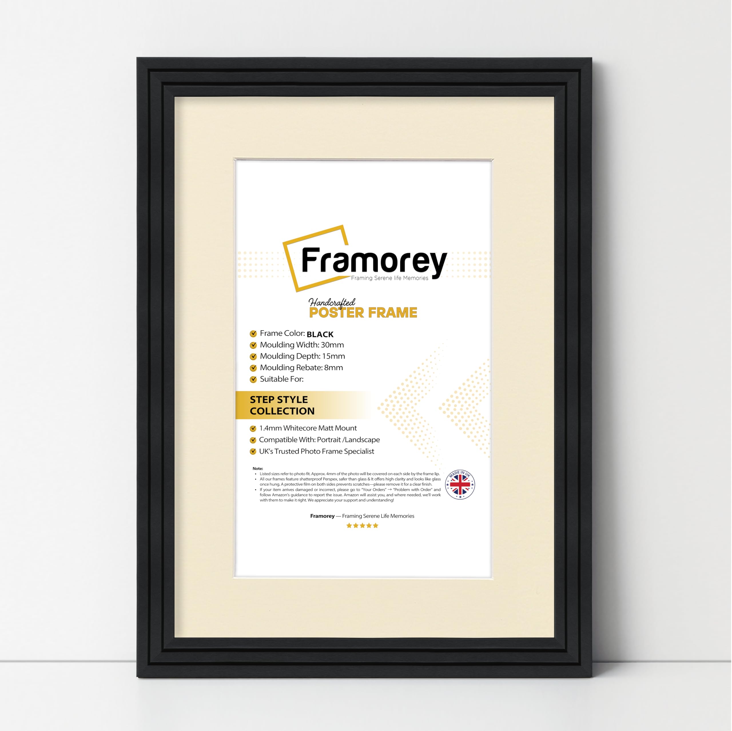 Framorey Framing Serene Life Memories Black With Ivory Framorey Oxford Step Style Wooden Effect Picture Frame, 12X10" Size Black Photo Frame With 9X6" Size Ivory Mount, Casual Wall Art Poster Frames, Photo Print Frames