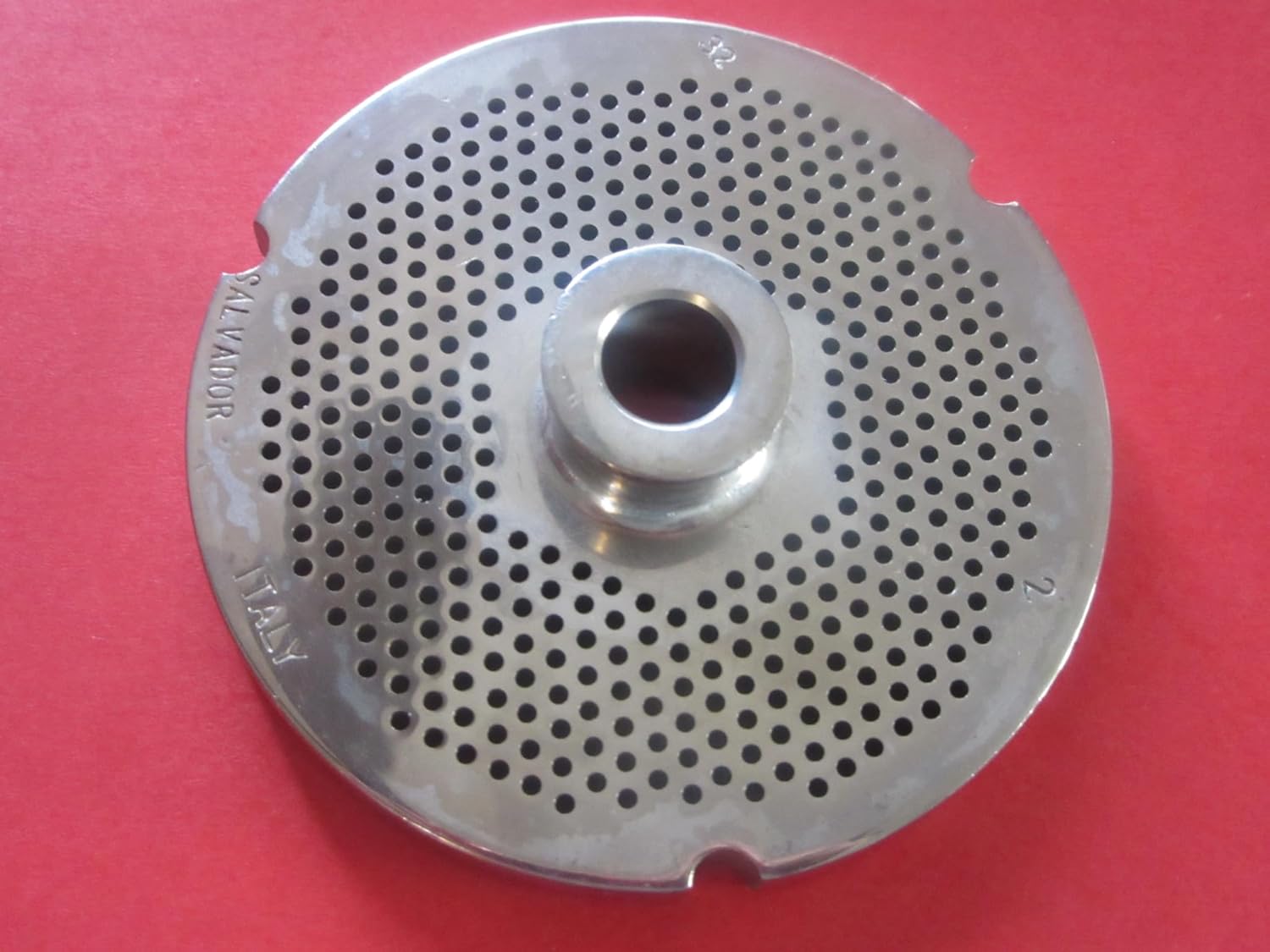 Minced meat grind. Size #32 x 1/16" holes. (2 mm holes) WITH HUB meat grinder disc plate MEAT! Cabelas LEM Biro Omcan Pro Cut and others. For bologna, hot dogs etc. Made in ITALY