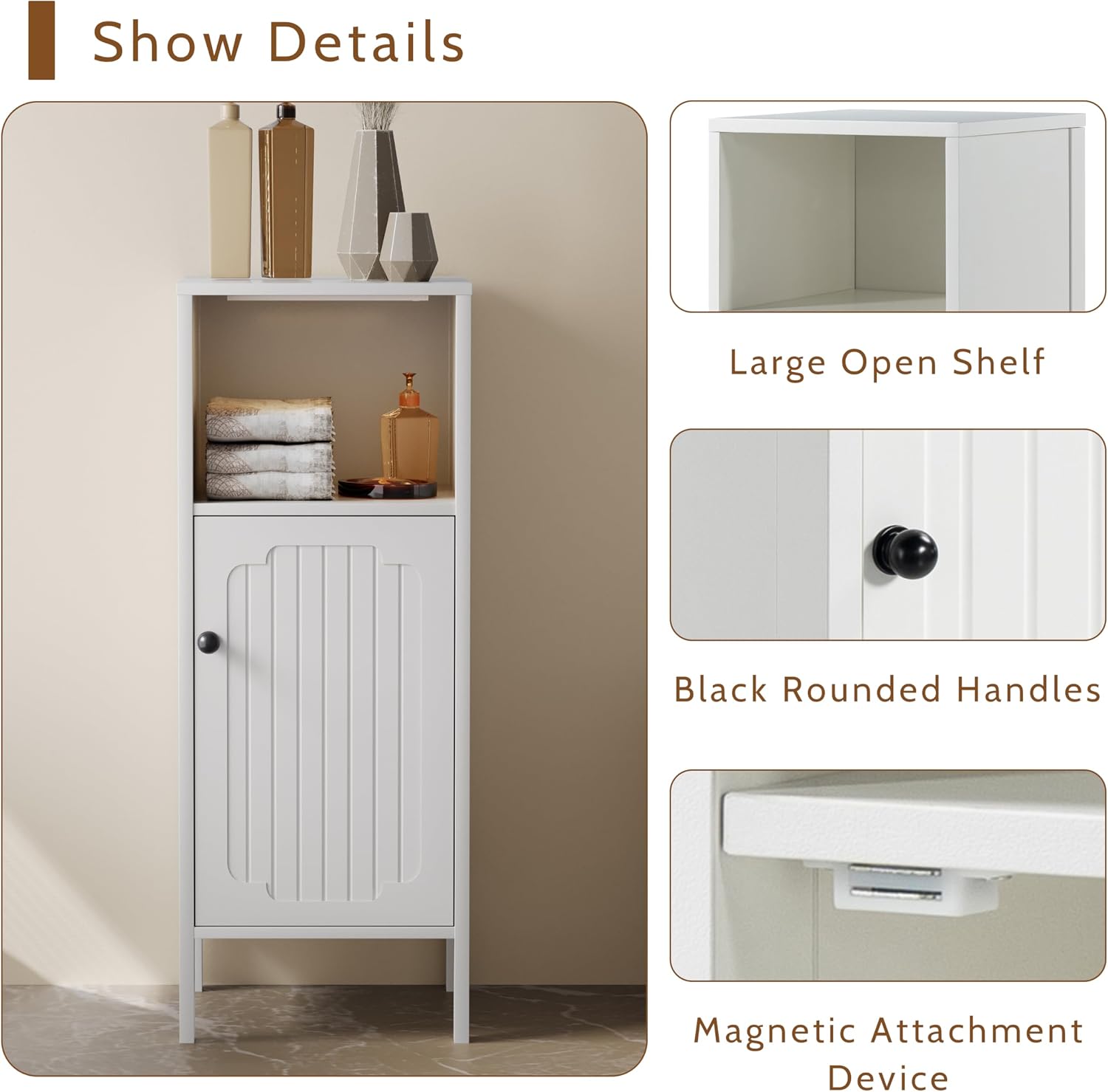 VDNEND Bathroom Floor Cabinet with Lights, Small Wooden Storage Cabinet with Door, Open Shelf, Freestanding Storage Unit for Bathroom Hallway Living Room (White, 1 PCS)