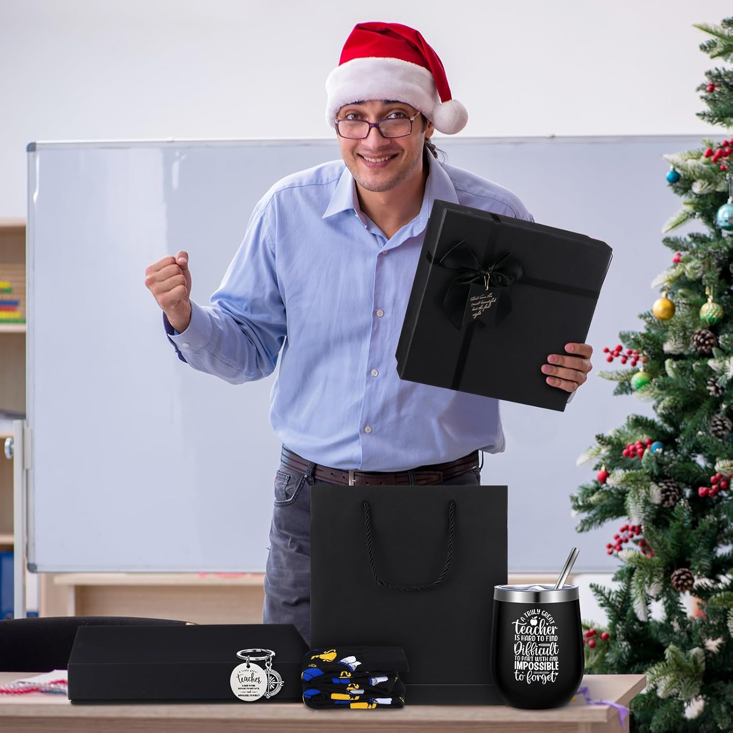 6 Pcs Teacher Gift for Men Teacher Appreciation Week Gift 12 oz Stainless Steel Cup Socks Keychain Pen Notebook Box for Educators School Staff Instructor Mentor - Image 6