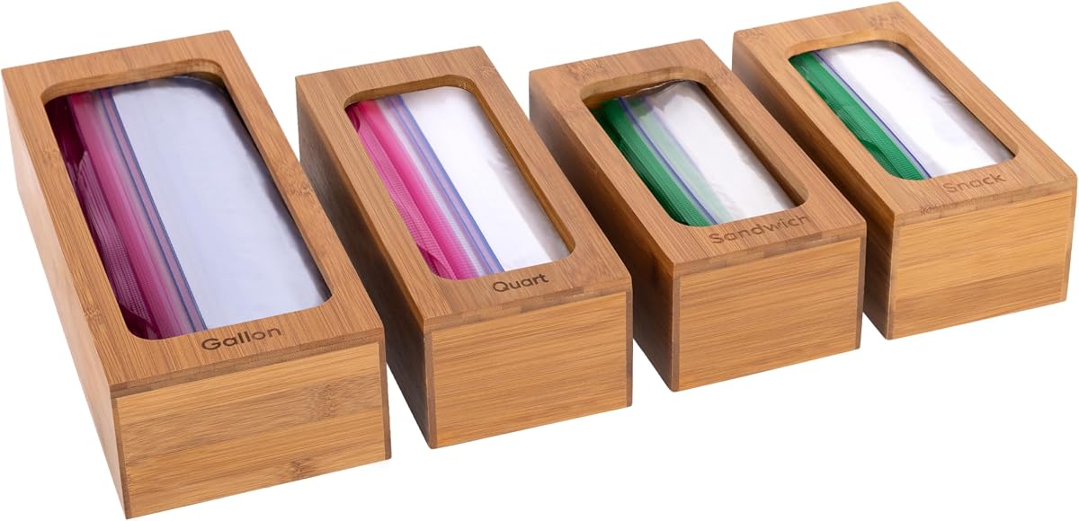 Bamboo Premium Organizer Storage Bins for Kitchen Silverware, Pantry, Closet, Office Desk, Pens, Utensils, Makeup, K Cup, Bamboo, Bag Holder Bin Set (4 Piece)