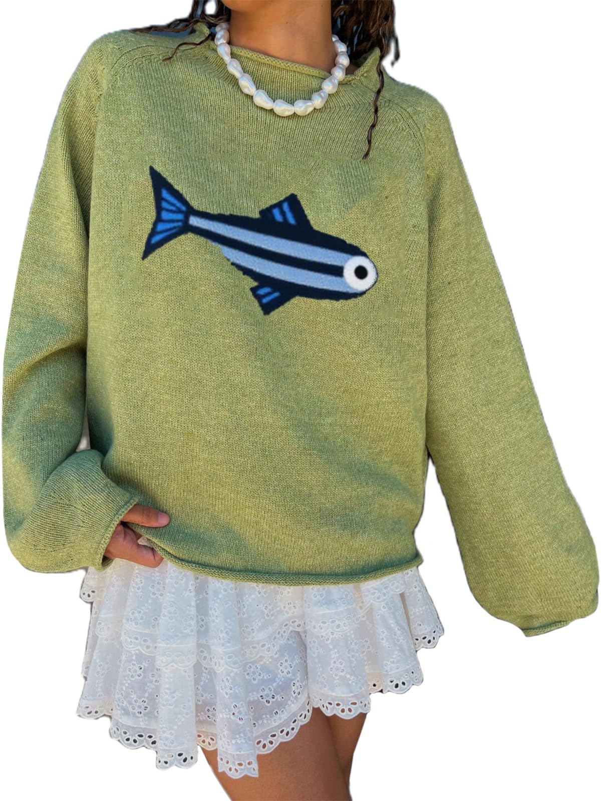 Women Fish Graphic Sweater Cute Sardine Print Oversized Long Sleeve Pullover Top Y2k Sweaters Fall Knitwear
