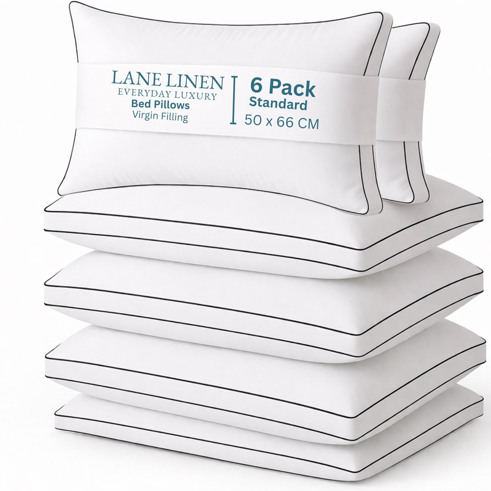 LANE LINEN Pillow Pack of 6 - Medium Firm Soft Hotel Bed Pillows 6 Pack - Machine Washable Hollowfibre Sleep Easy Pillows,White