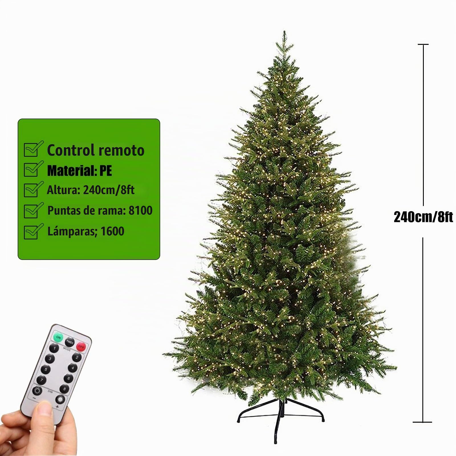 Árbol de Navidad Artificial Preiluminado, Abeto con Bisagras, con 1450-11750 Puntas y 400-2000 Luces, Ramas Automáticas con Control Remoto(240cm/8ft)