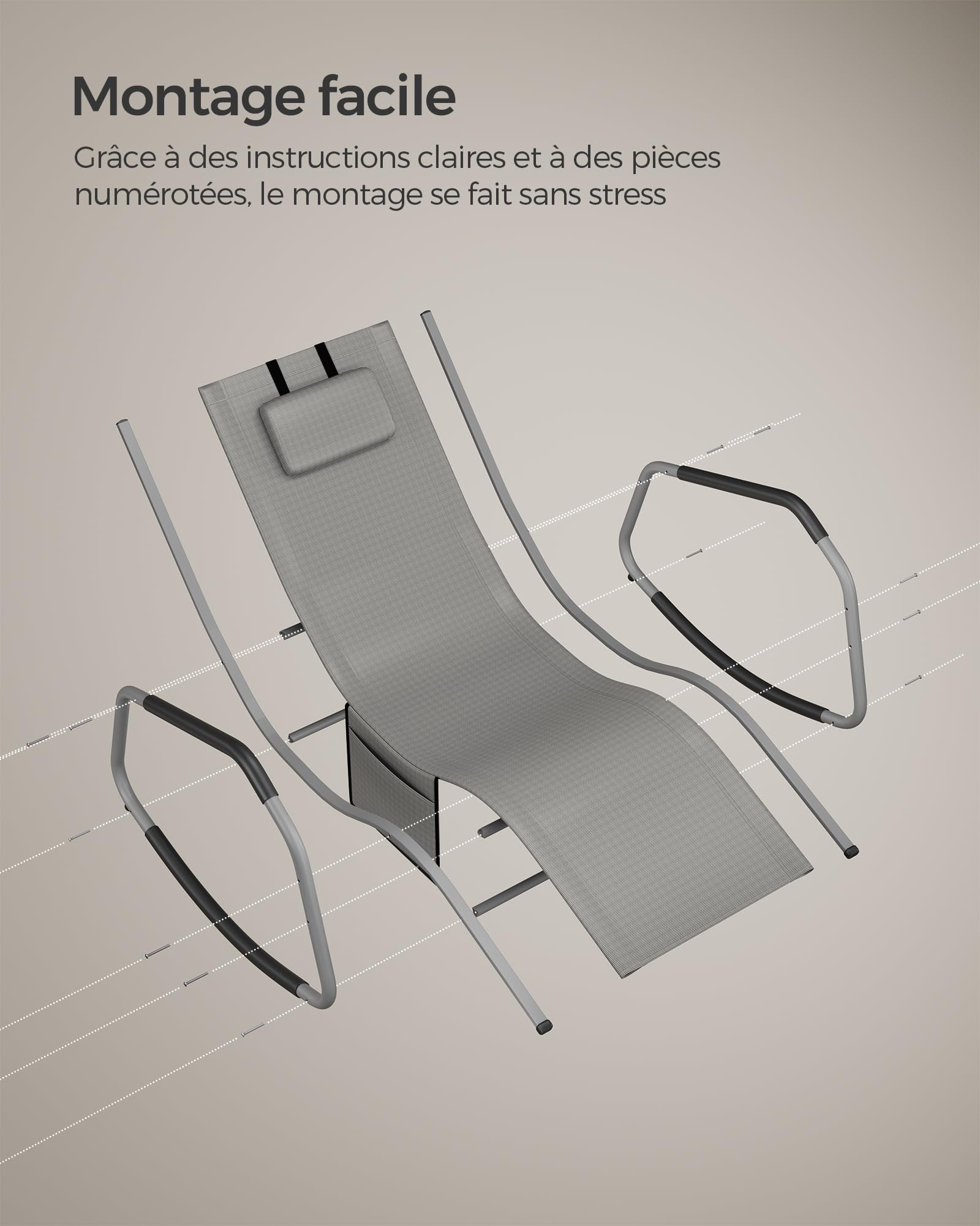 SONGMICS Fauteuil à Bascule avec Appui-tête Réglable, Chaise Longue Anti-Renversement, Cadre en Acier, Tissu Respirant, Poche, pour Jardin, 151 x 56,2 x 97,3 cm, Gris Tourterelle GCB230G01