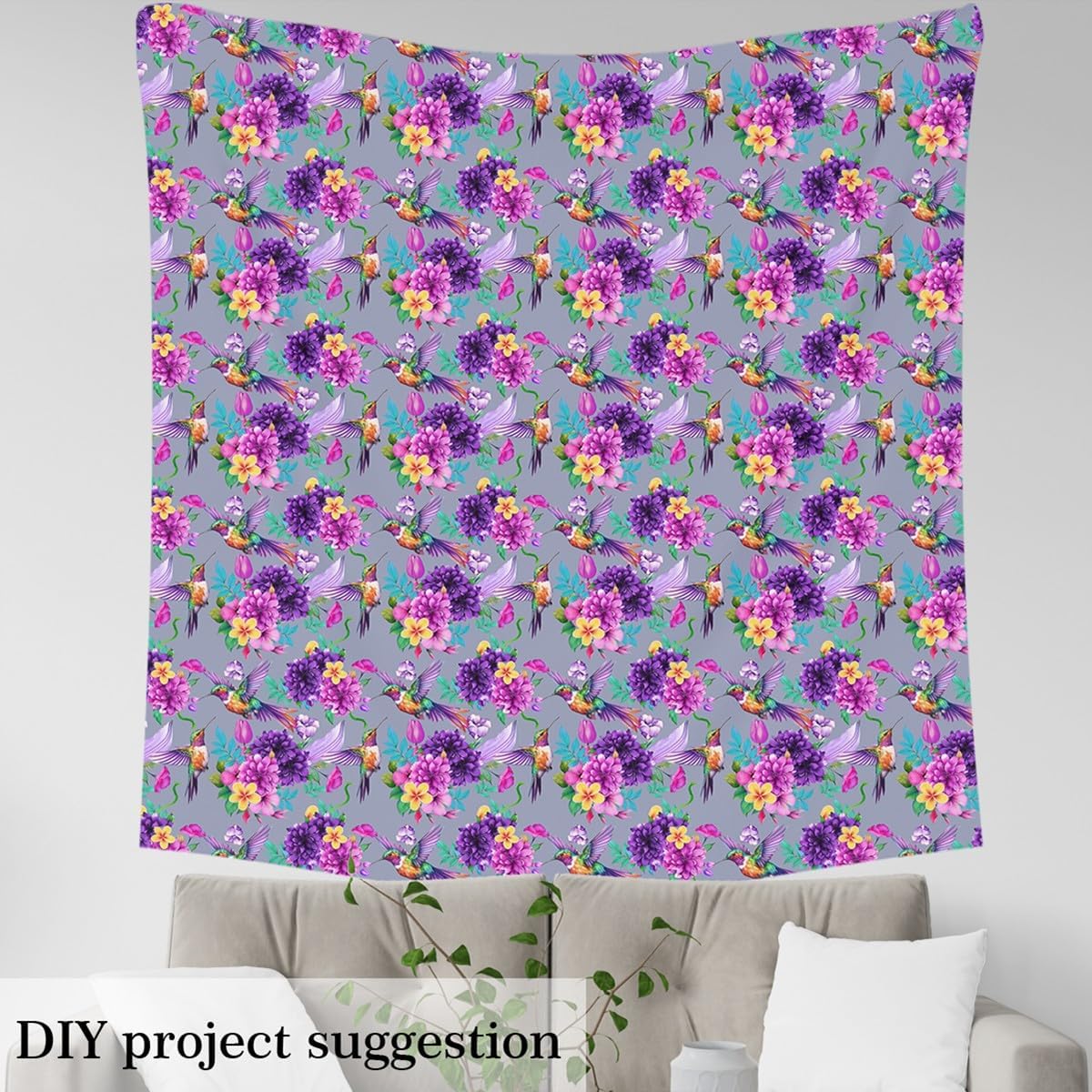 Feelyou Hummingbird Fabric by The Yard, Farmhouse Tropical Birds Floral Upholstery Fabric for Chairs, Watercolor Hummingbird Flowers Decorative Waterproof Outdoor Fabric, 1 Yard, Purple Gray