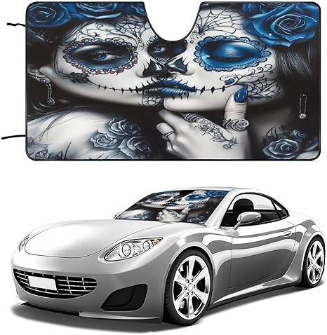 Blue Sugar Skull Windshield Sun Shade Foldable Windshield Cover Blocks UV Rays Car Interior Accessories