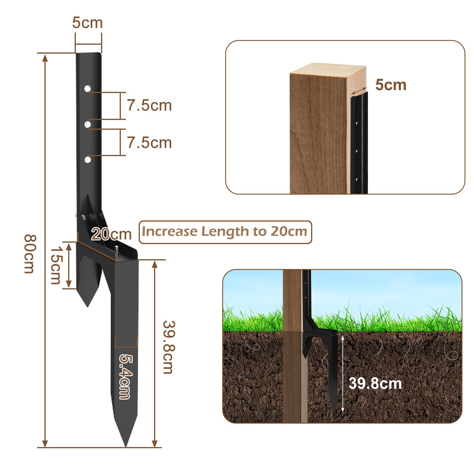 Nisorpa Paquete de 2 estacas de reparación de postes de valla, resistentes, soporte ajustable para postes de valla de jardín, estacas de metal para postes de madera inclinados/rotos, buzón