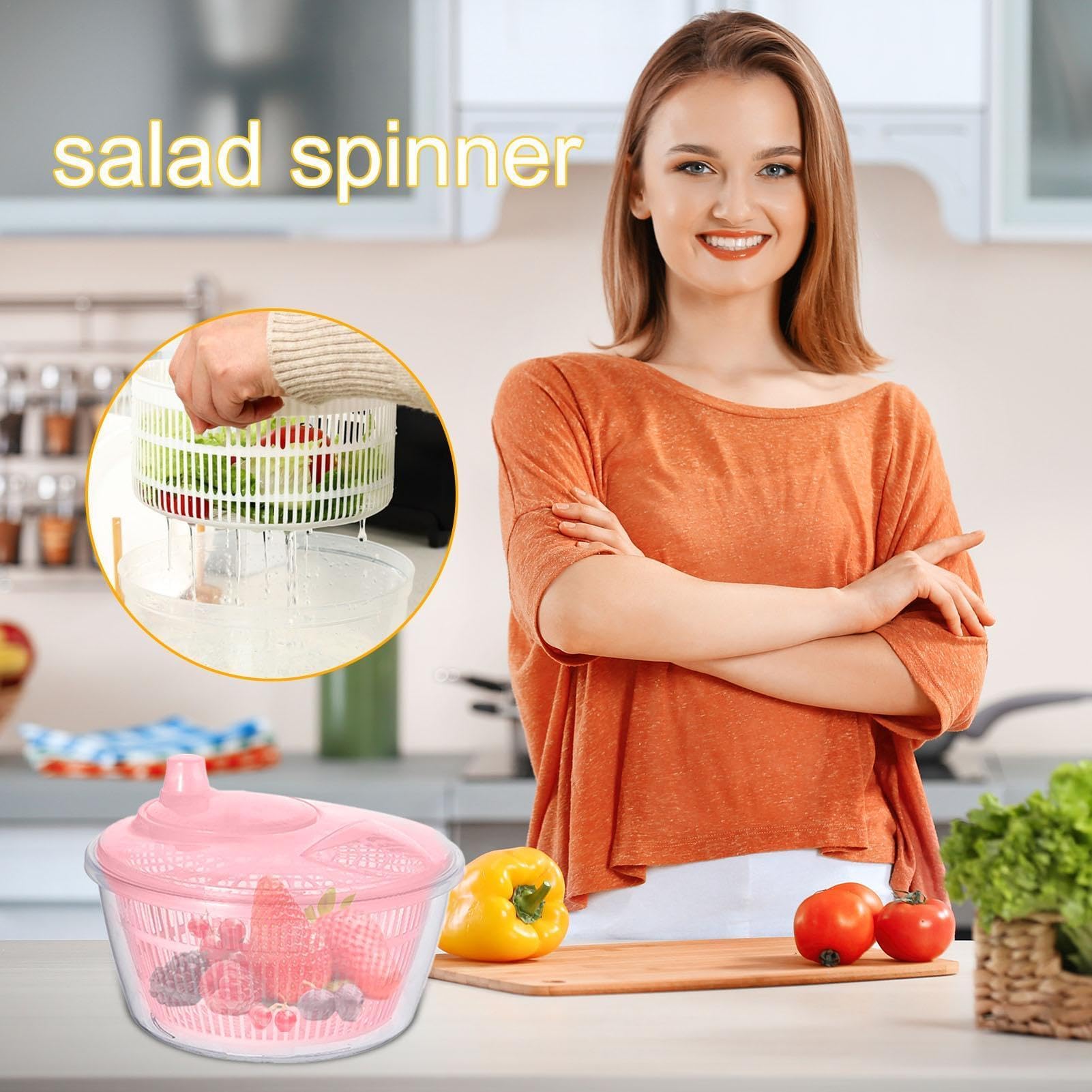 Salatschleuder, Gemüsewaschkorb, Easy Piazzatore, Sicherheits-Salatschleuder for Gemüse for V(Pink)