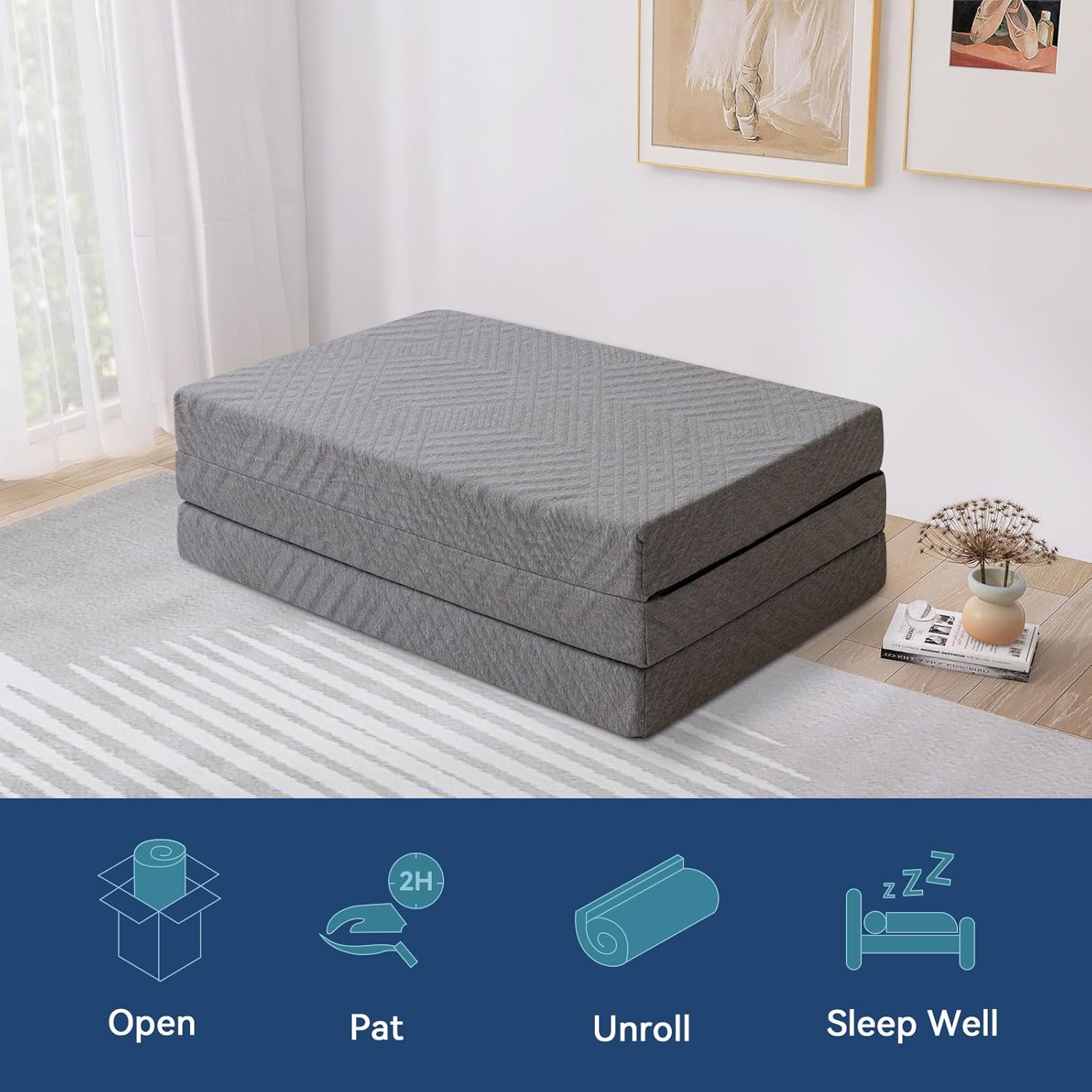 Hcore Folding Mattress Twin, 4 Inch Foldable Trifold Memory Foam Mattress with Bag, Portable Mattress Topper for Floor, Camping, Guest, CertiPUR-US Certified, 75"x 38" x4"