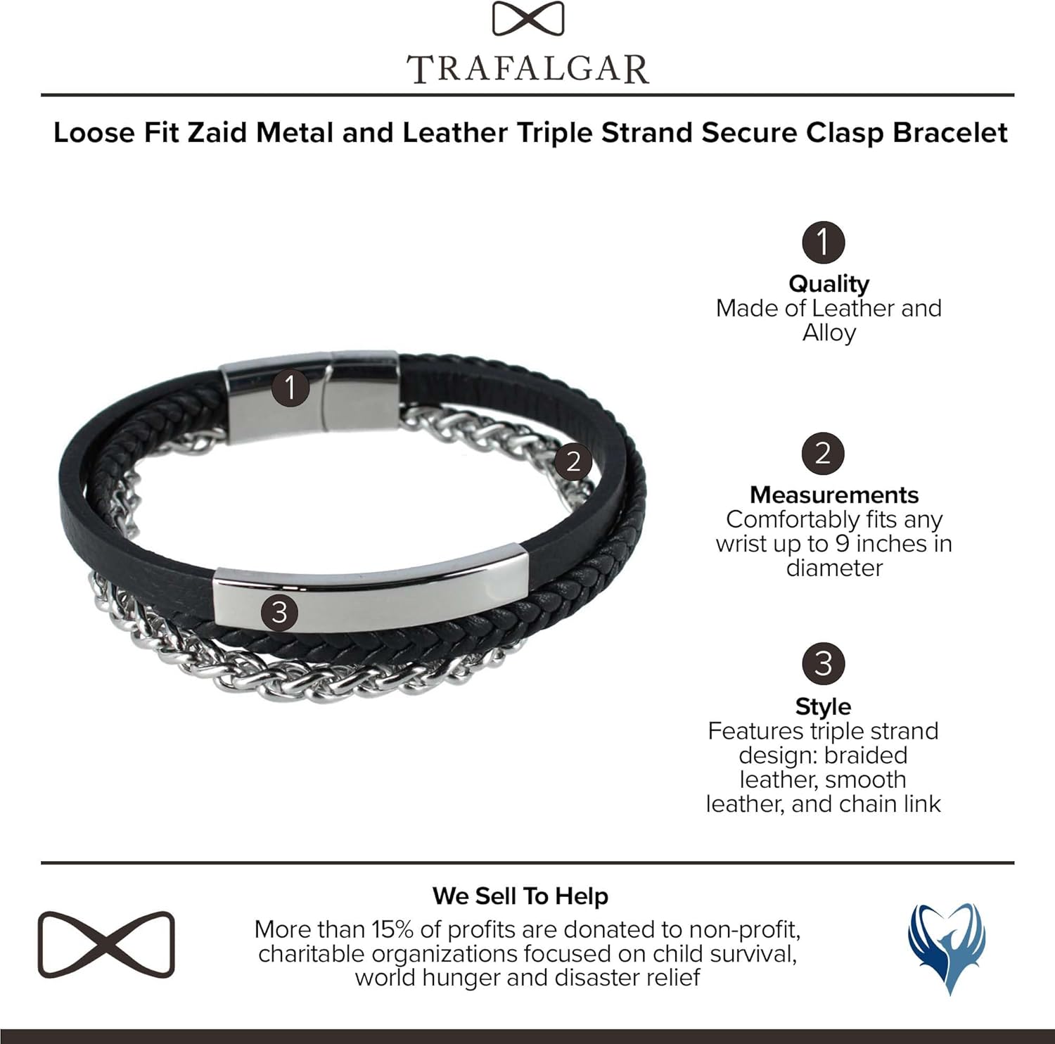 Trafalgar Men's Loose Fit Zaid Metal and Leather Triple Strand Secure Clasp Bracelet - Image 2