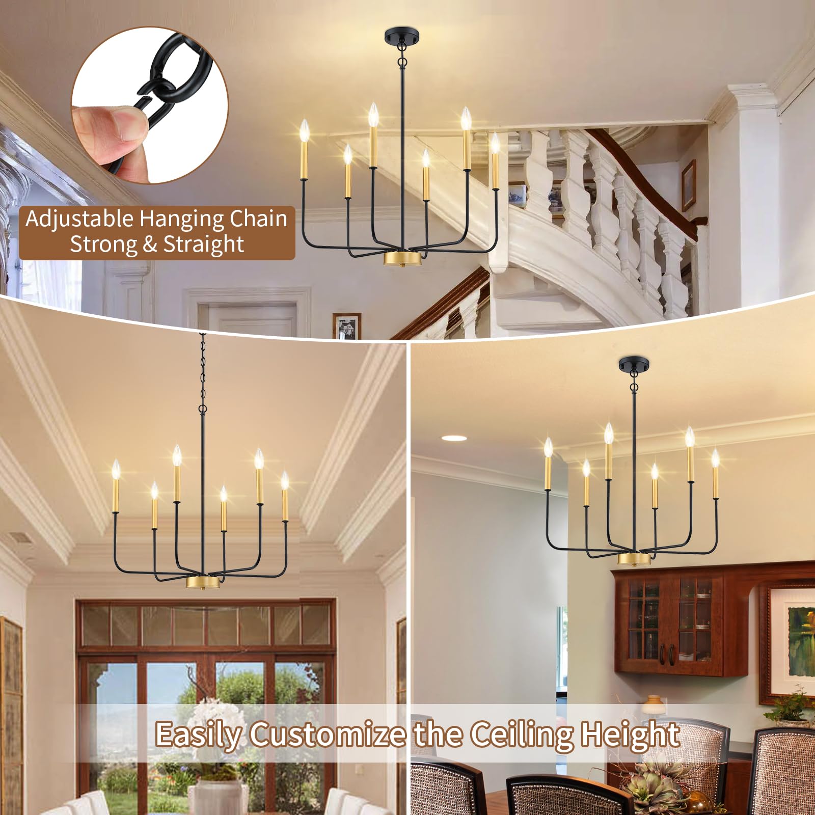 TUUANA Modern Farmhouse Chandelier Black & Gold, 6-Light Metal Dining Room Light Fixture Candle Chandelier, Mid Century Hanging Pendant Lighting Brass for Kitchen Island, Living Room, Foyer, Bedroom