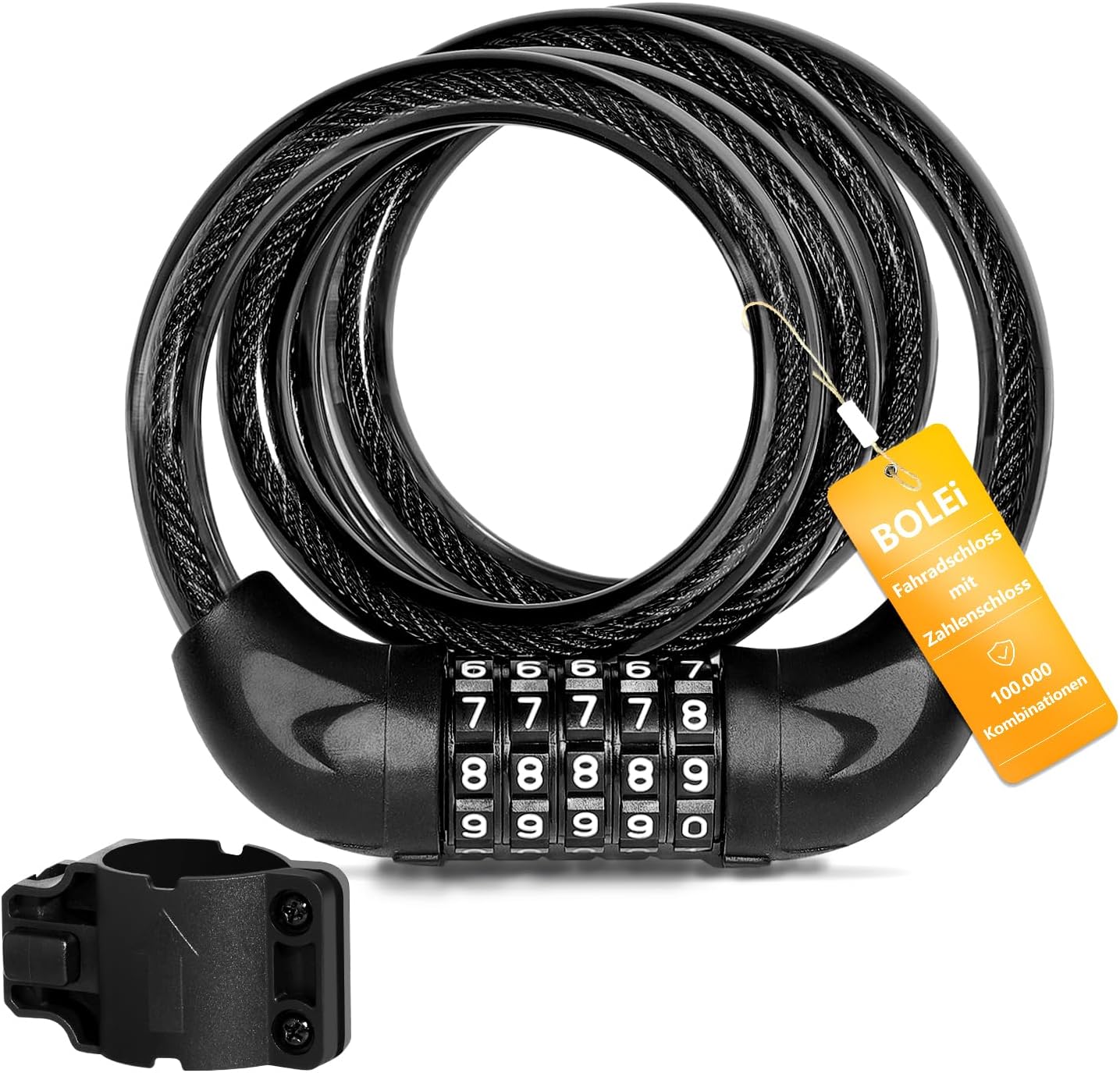 BOLEi Bicycle Lock with Combination Code 12 mm/120 cm I Anti-Theft Bicycle Cable Lock with 5-Digit Code Combination I Waterproof Combination Lock Cable for Bicycle, E-Bike, Pram, Ladders, GrillsCarbonfree Certified