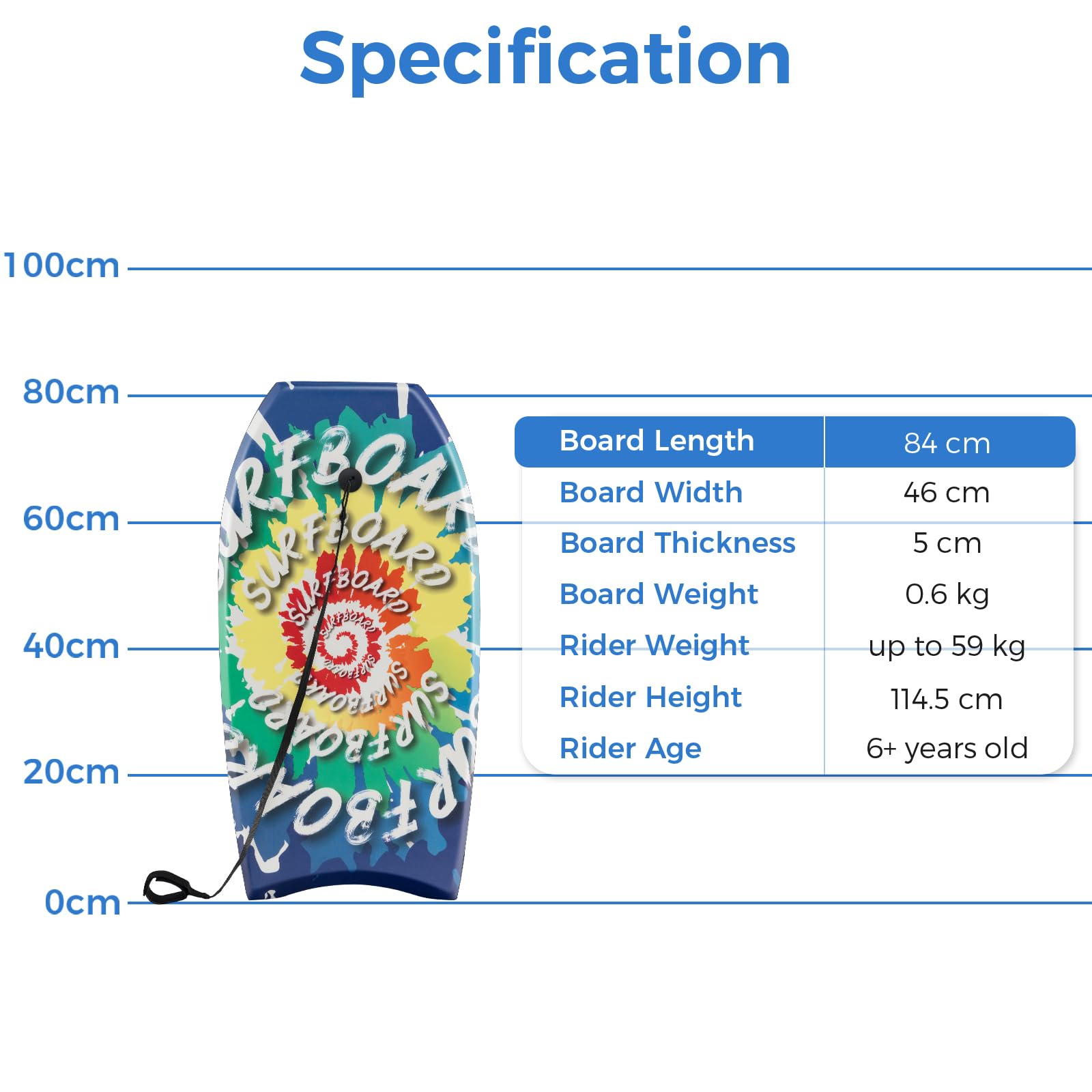 HOMASIS Tavola da Surf Mezzaluna, Tavoletta Mare in HDPE, XPE e EPS con Corda per il Polso, Bodyboard da Nuoto per Adulti e Bambini, Adatta a 6+ Anni, Portata 59 kg, 84 x 46 x 5 cm, Blu