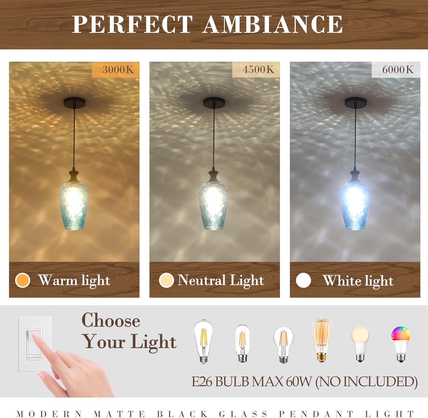 Glass Pendant Lights Kitchen Island, 1-Light Blue Pendant Light Fixtures with Hammered Glass, Modern Farmhouse Hanging Light for Kitchen Sink Dining Room Bedroom, E26