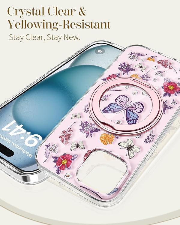 Loheckle for iPhone 15 Case - Compatible with MagSafe Stand Women Girls Cute Clear Girly Aesthetic Kawaii Design Soft TPU Protection Built-in Stand Phone Cover for iPhone 15, Butterfly Flower by Loheckle - Used condition - Image 4