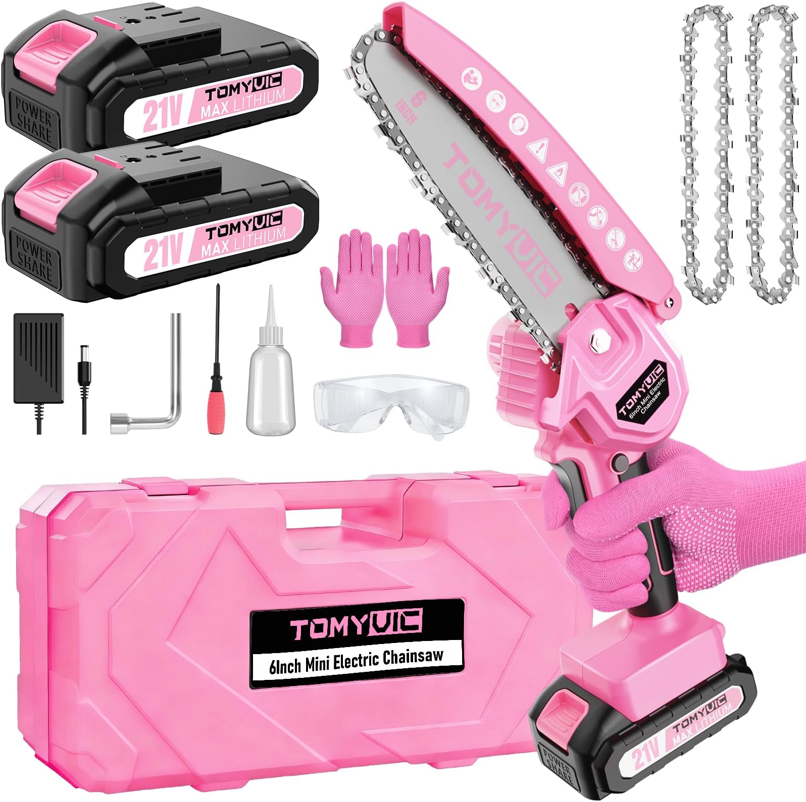 Tomyvic Mini Chainsaw 6-Inch Battery Powered - Pink Cordless Electric Handheld Chainsaw with 2 Rechargeable Batteries - 21V Small Power Chain Saws Battery Operated for Tree Trimming Wood Cutting