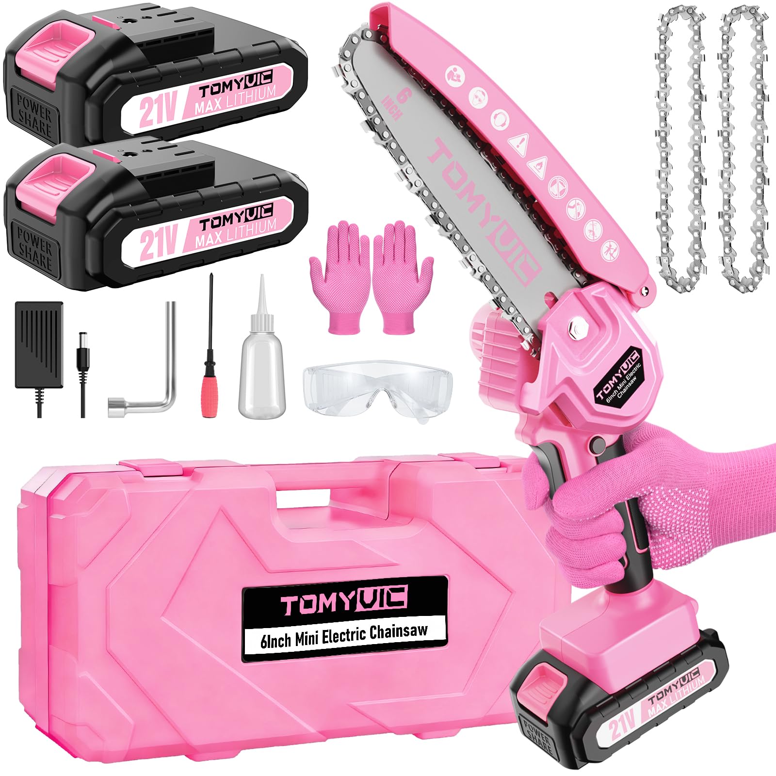 Mini Chainsaw 6-Inch Battery Powered - Pink Cordless Electric Handheld Chainsaw with 2 Rechargeable Batteries - 21V Small Power Chain Saws Battery Operated for Tree Trimming Wood Cutting