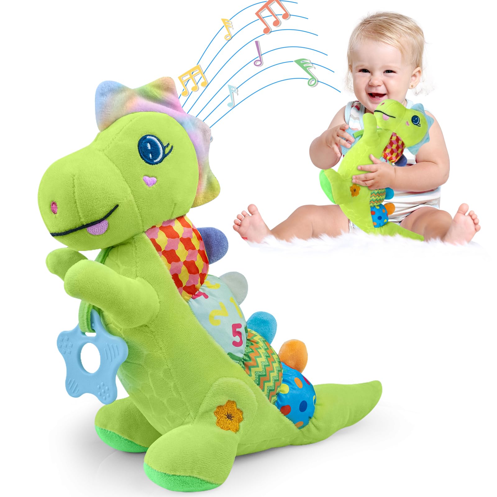Photo 1 of Baby Dino Musical Stuffed Animal Toys for 0-3-6-9-12 Months?Infant Dinosaur Tummy Time Toys with Crinkle Sound Paper,Teether?Textures & Rattles for Newborn Boys Girls Birthday Gifts?Green