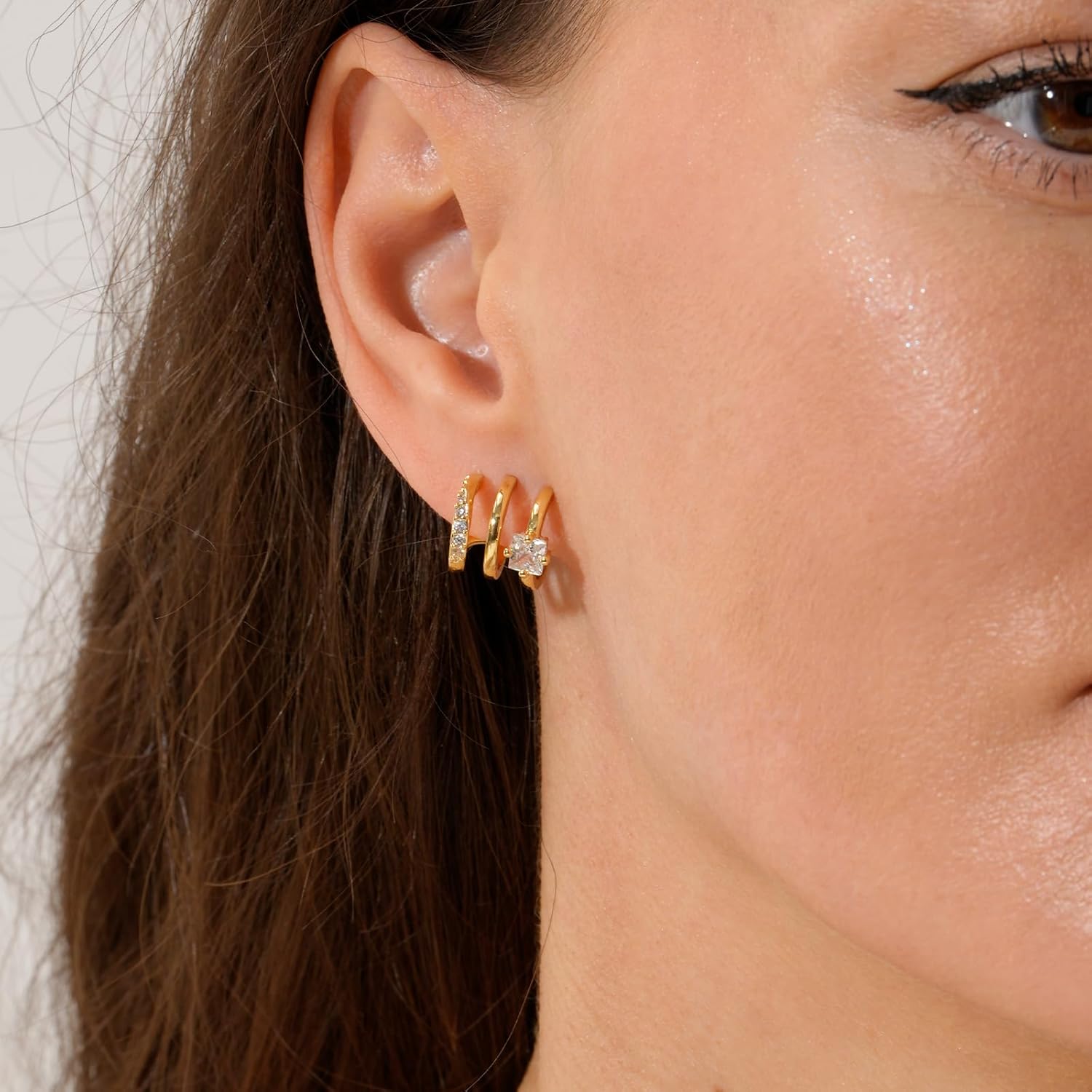 Gold Triple Hoop Illusion Stud Earrings, 14K Chunky Gold Plated Hoop Earrings Cuff Earrings for Women Trendy, Hypoallergenic Earrings Set Jewelry Gift - Image 5