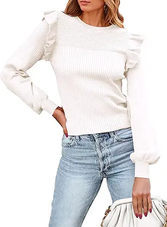 PRETTYGARDEN Women's Ruffle Long Sleeve Sweaters Crew Neck Lightweight Sweater 2025 Fall Trendy Ribbed Knit Pullover Tops