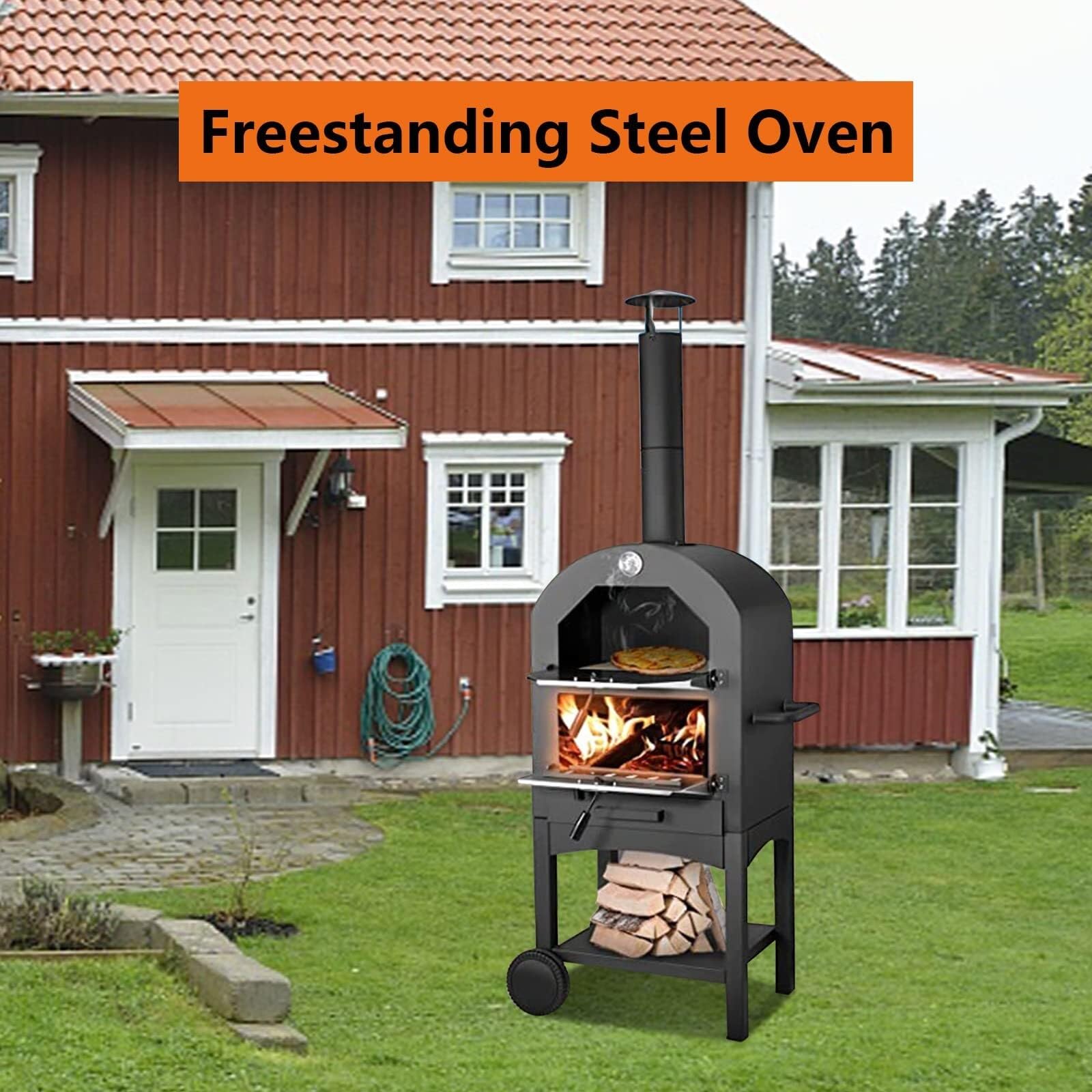 Horno de pizza de leña para exteriores, horno de acero independiente con 2 ruedas, ideal para barbacoa, camping, fiesta en el patio trasero, horno de pizza al aire libre