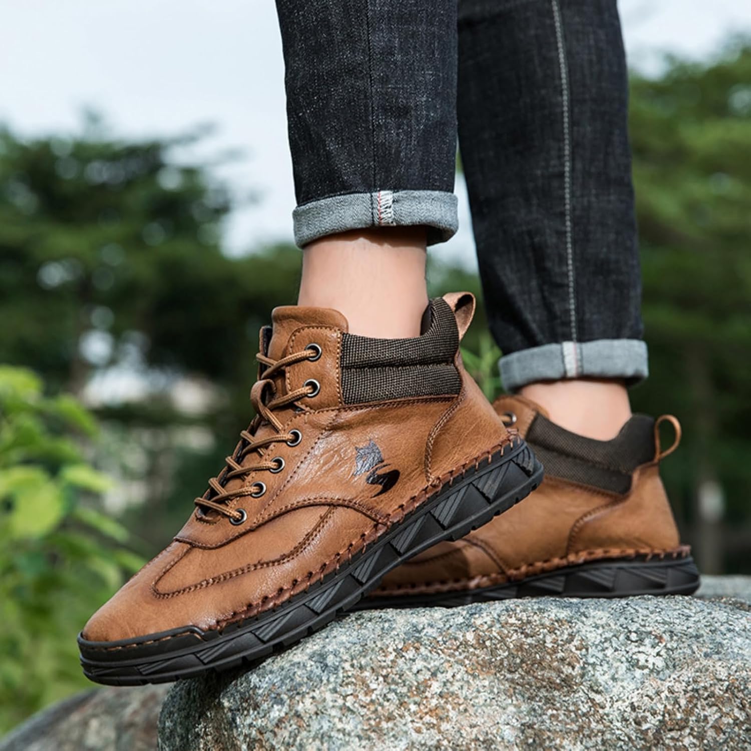 Saw Behind Boots for Men, Men's Saw Behind Leather Ankle Boots, Comfortable Handmade Wide Waterproof Leather Shoes, Breathable Arch Support Outdoor Trekking Hiking Shoes