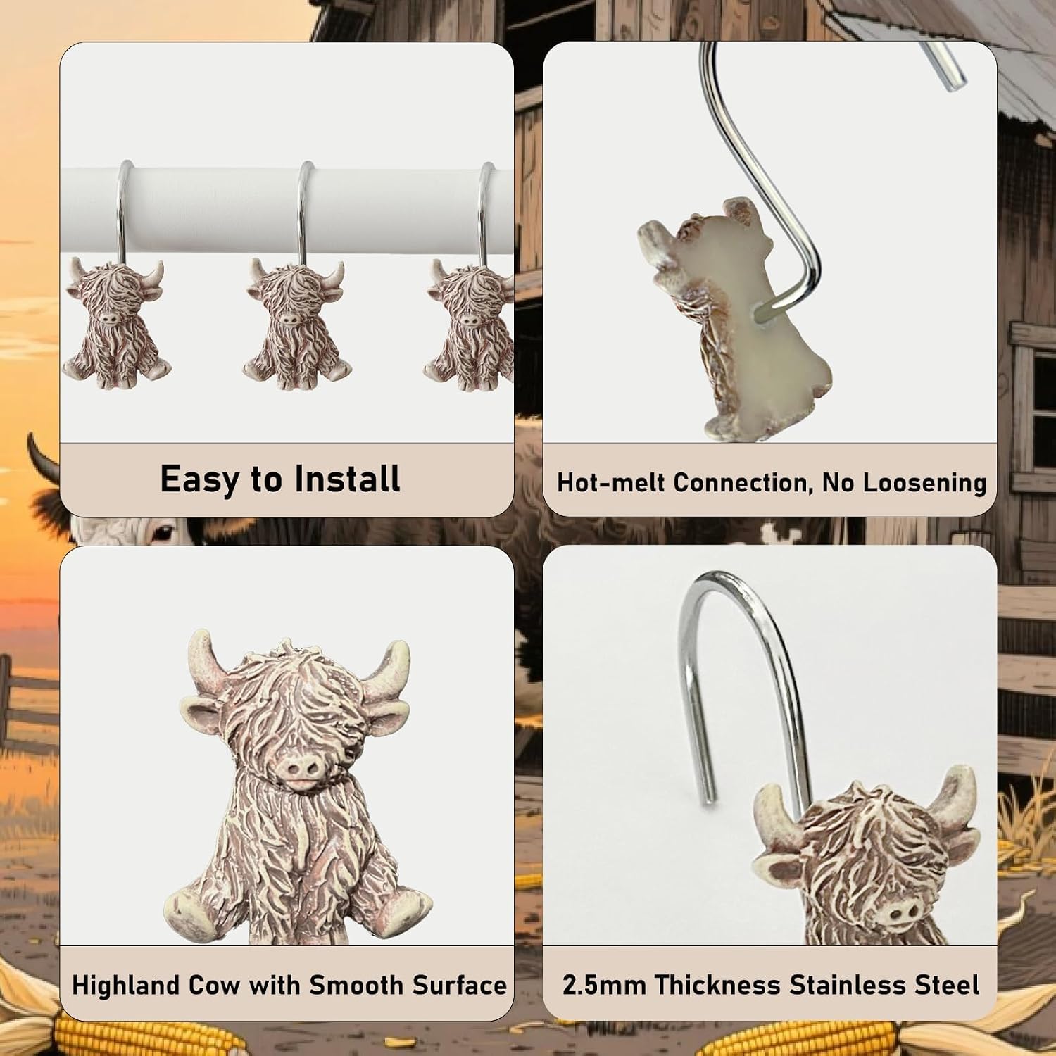 12 Pcs Highland Cow Shower Curtain Hooks for Western Rustic Bathroom Decor image 3