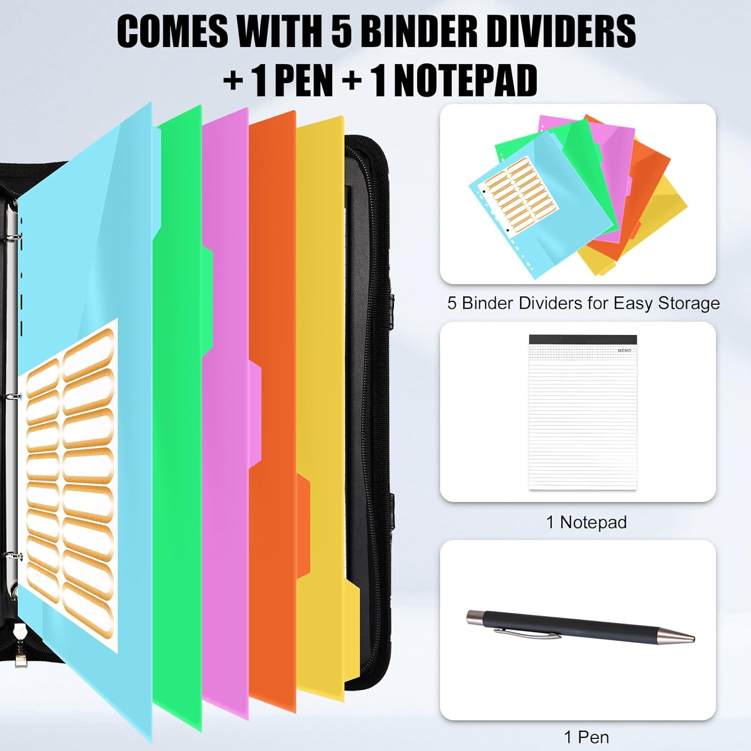 Portfolio Binder 3 Ring Includes Pen and 5 Dividers with 10 Pockets, Padfolio Organizer with Zipper for Men and Women, Includes A4 Notepad for Business, School, Work - Image 3